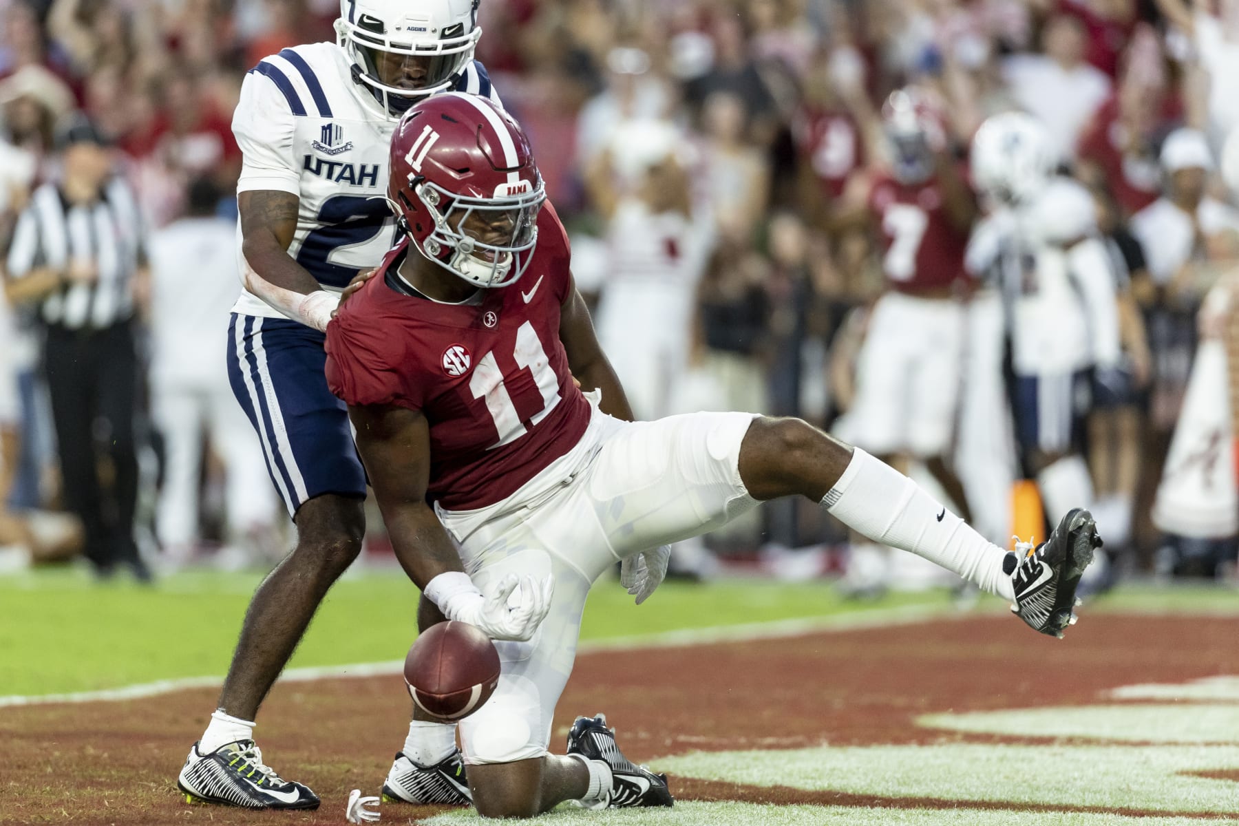 Alabama wide receiver Traeshon Holden (11) celebrates his touchdown reception during the first half of an NCAA college football game against Utah State, Saturday, Sept. 3, 2022, in Tuscaloosa, Ala. (AP Photo/Vasha Hunt)