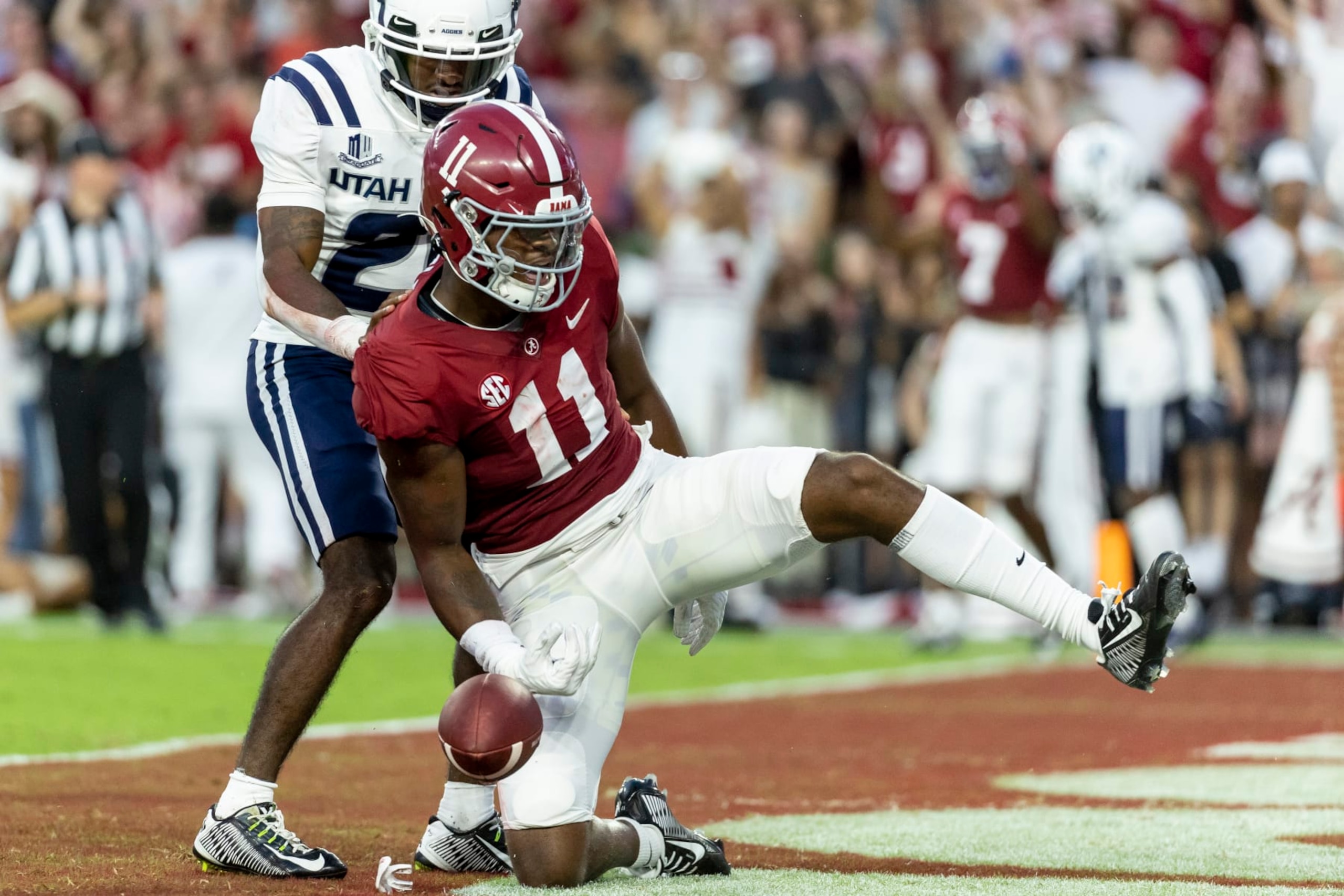 Alabama wide receiver Traeshon Holden (11) celebrates his touchdown reception during the first half of an NCAA college football game against Utah State, Saturday, Sept. 3, 2022, in Tuscaloosa, Ala. (AP Photo/Vasha Hunt) Alabama wide receiver Traeshon Holden (11) celebrates his touchdown reception during the first half of an NCAA college football game against Utah State, Saturday, Sept. 3, 2022, in Tuscaloosa, Ala. (AP Photo/Vasha Hunt)