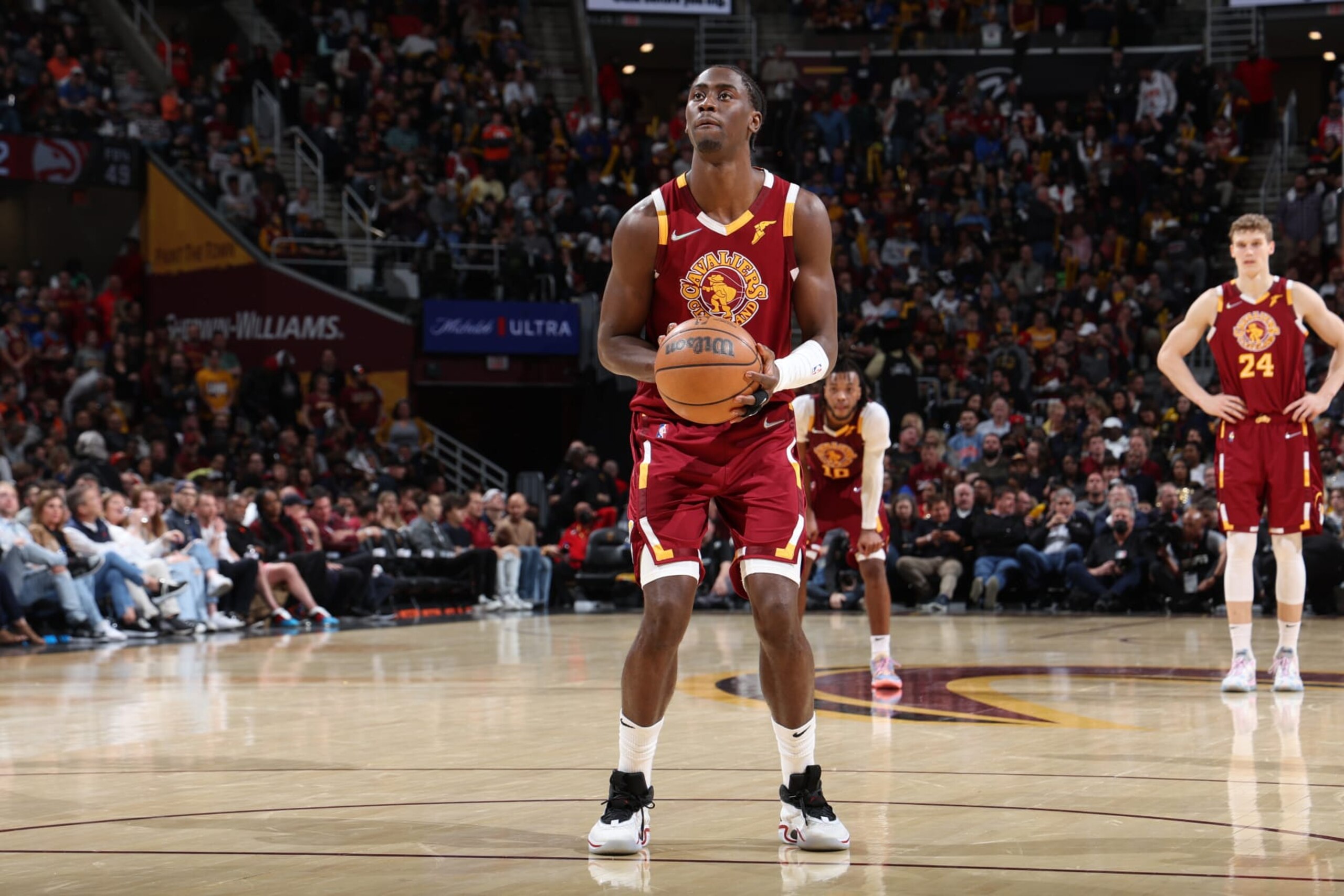 CHICAGO, IL - APRIL 15: Caris LeVert #3 of the Cleveland Cavaliers prepares to shoot a free throw during the game against the Atlanta Hawks during the 2022 Play-In Tournament on April 15, 2022 at Rocket Mortgage Fieldhouse in Cleveland, Ohio. NOTE TO USER: User expressly acknowledges and agrees that, by downloading and or using this photograph, User is consenting to the terms and conditions of the Getty Images License Agreement. Mandatory Copyright Notice: Copyright 2022 NBAE (Photo by Jeff Haynes/NBAE via Getty Images)