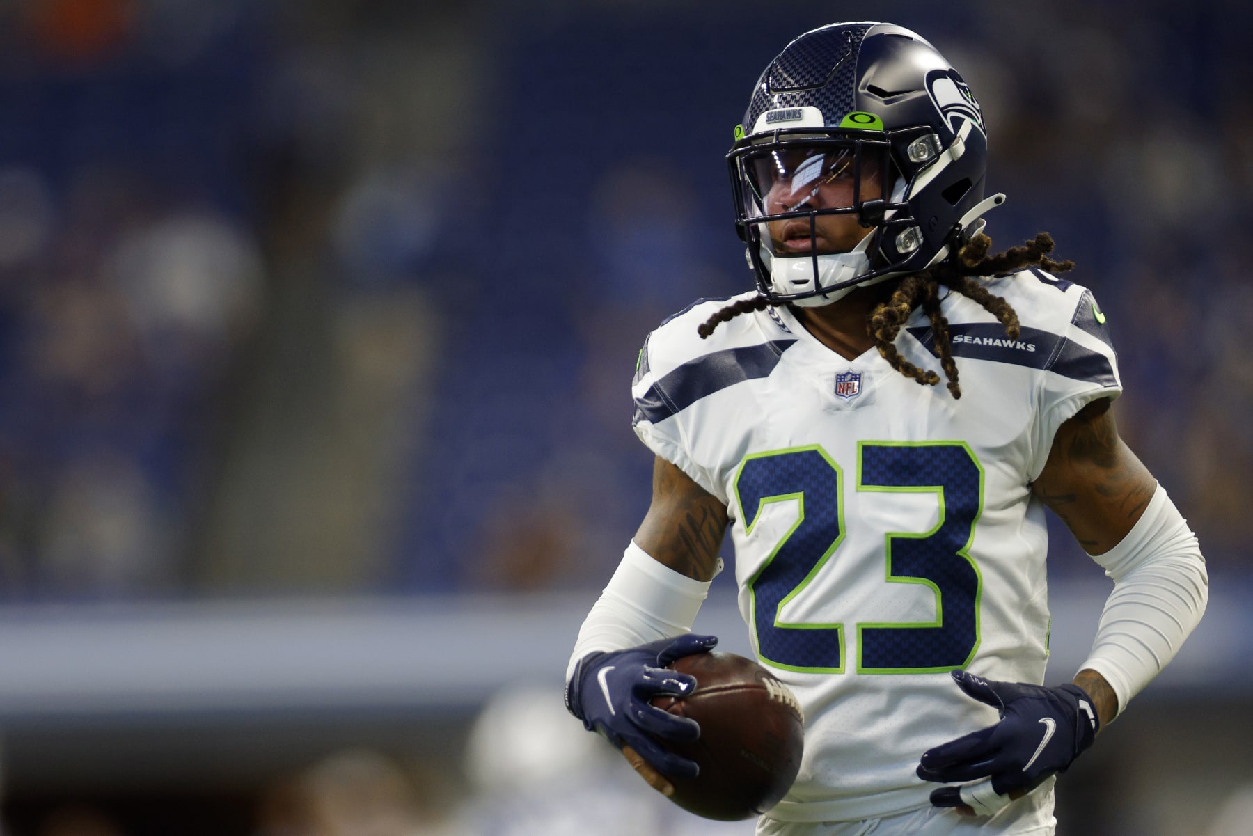 INDIANAPOLIS, INDIANA - SEPTEMBER 12: Sidney Jones IV #23 of the Seattle Seahawks warms up prior to the game against the Indianapolis Colts at Lucas Oil Stadium on September 12, 2021 in Indianapolis, Indiana. (Photo by Michael Hickey/Getty Images)