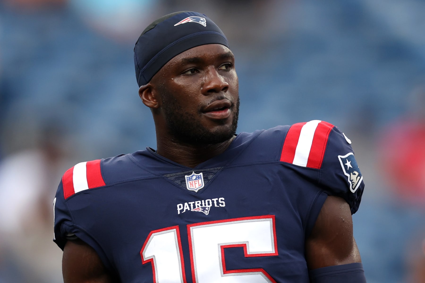 FOXBOROUGH, MASSACHUSETTS - AUGUST 11: Nelson Agholor #15 of the New England Patriots looks on during warm ups ahead of the preseason game between the New York Giants and the New England Patriots at Gillette Stadium on August 11, 2022 in Foxborough, Massachusetts. (Photo by Maddie Meyer/Getty Images)