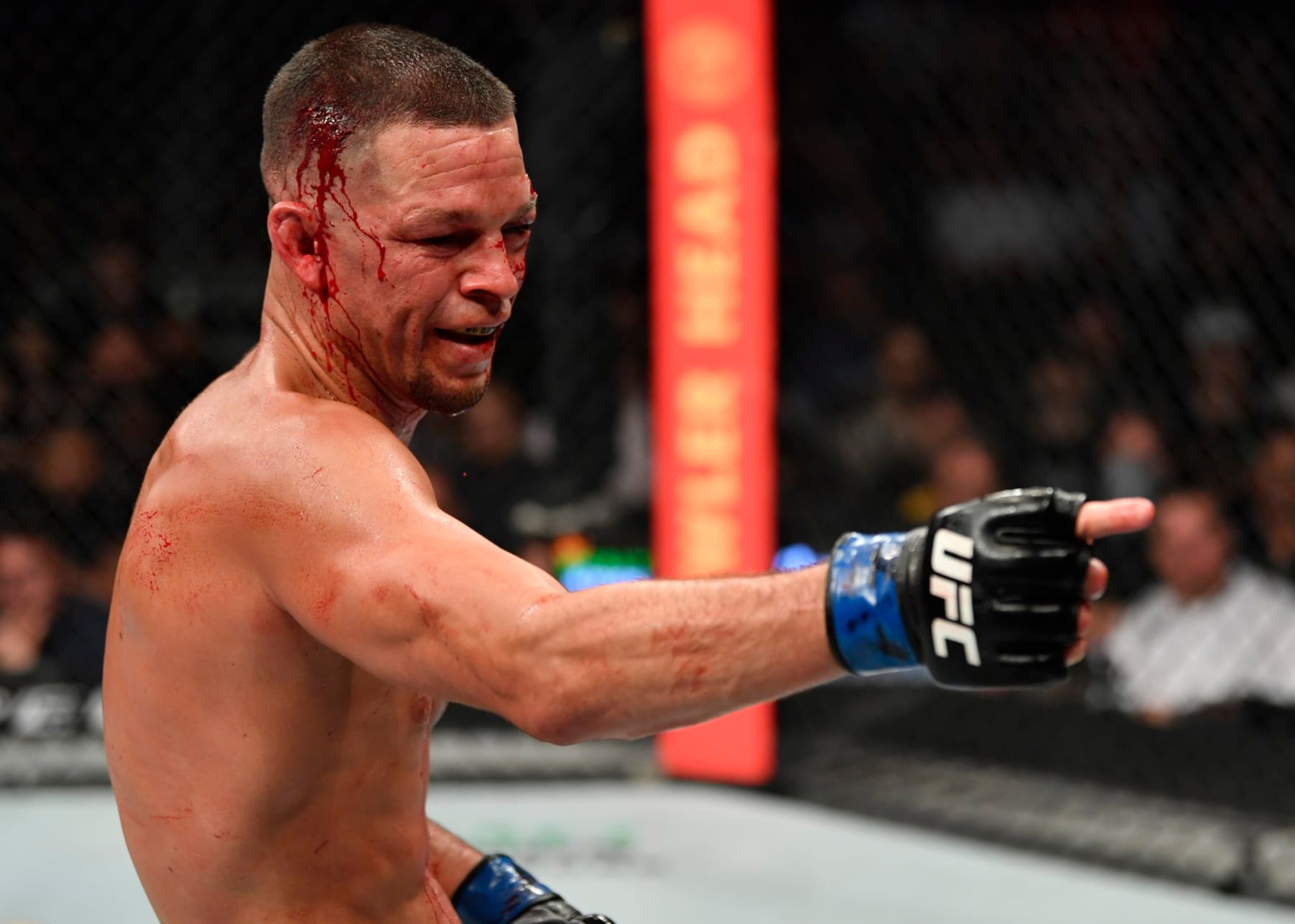 GLENDALE, ARIZONA - JUNE 12: Nate Diaz taunts Leon Edwards of Jamaica in their welterweight fight during the UFC 263 event at Gila River Arena on June 12, 2021 in Glendale, Arizona. (Photo by Jeff Bottari/Zuffa LLC)