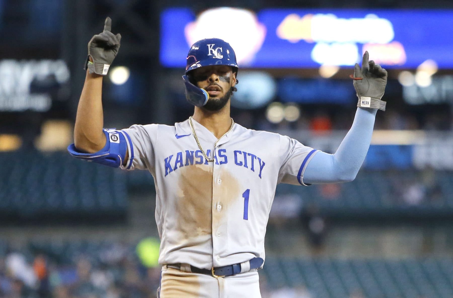 DETROIT, MI -  SEPTEMBER 3:  MJ Melendez #1 of the Kansas City Royals celebrates after hitting a solo home run against the Detroit Tigers during the sixth inning at Comerica Park on September 3, 2022, in Detroit, Michigan. (Photo by Duane Burleson/Getty Images)