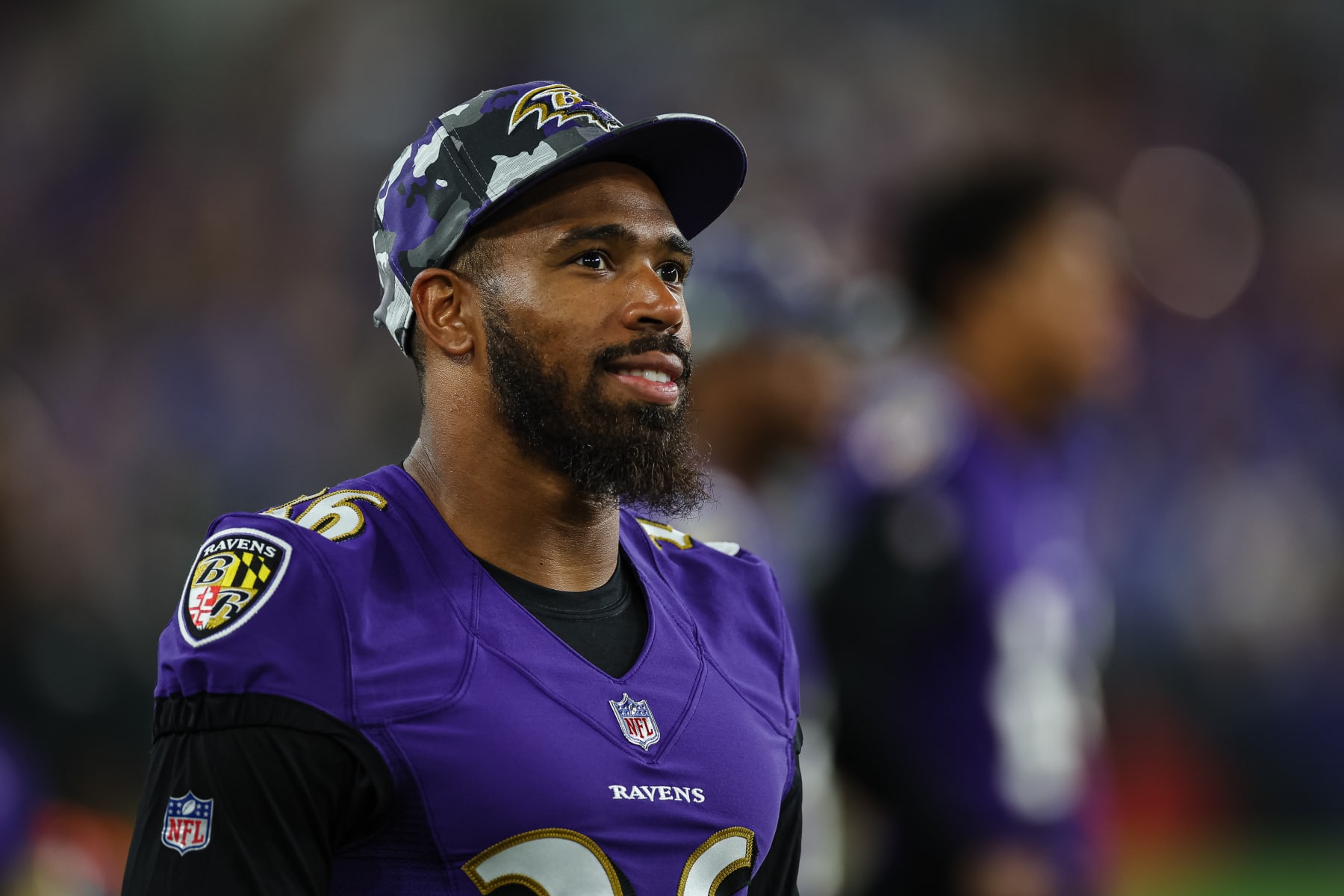 BALTIMORE, MD - AUGUST 27: Chuck Clark #36 of the Baltimore Ravens looks on against the Washington Commanders during the second half of a preseason game at M&T Bank Stadium on August 27, 2022 in Baltimore, Maryland. (Photo by Scott Taetsch/Getty Images)
