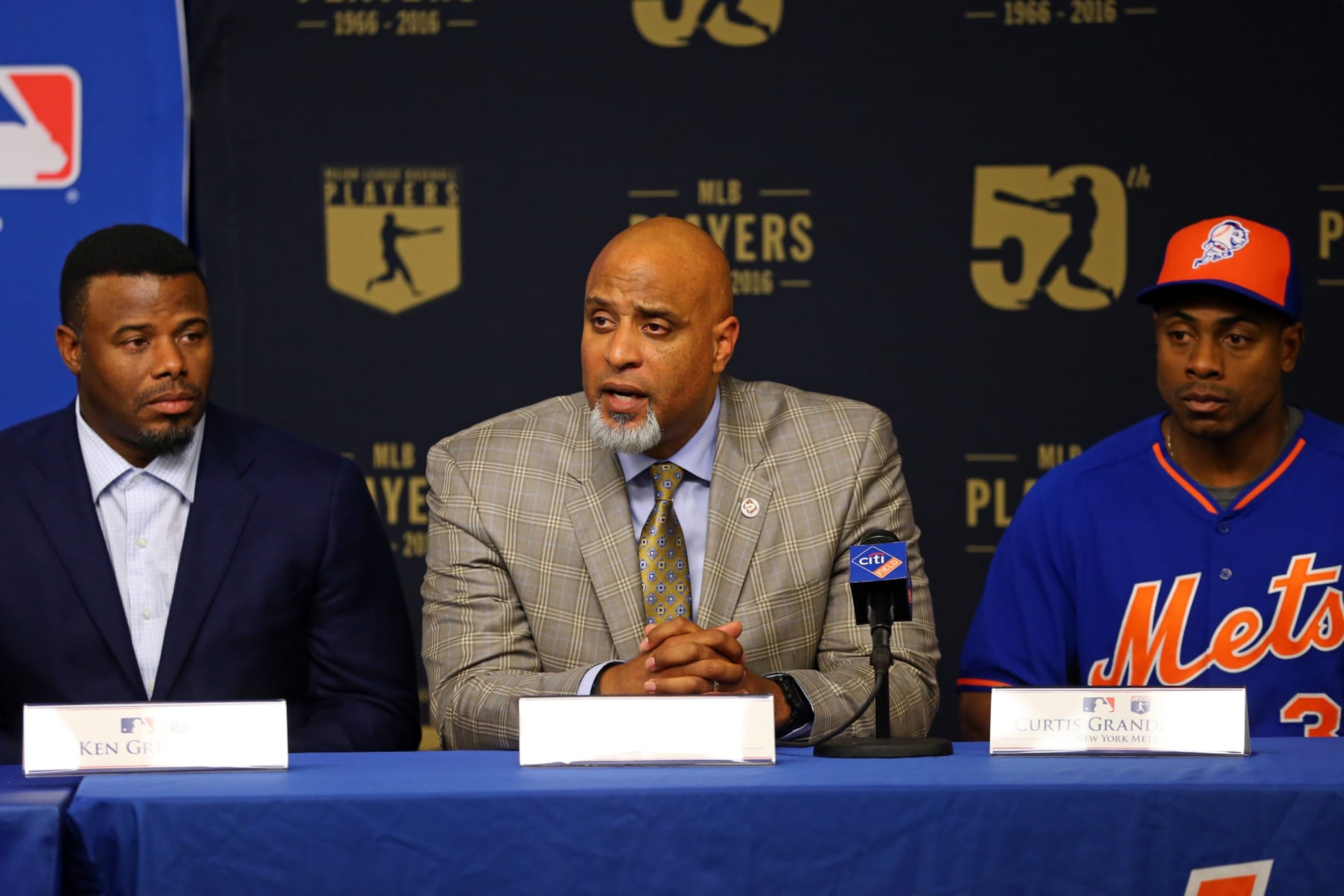 NEW YORK, NY - JUNE 16:  MLBPA Executive Director Tony Clark speaks during a press conference on youth initiatives hosted by Major League Baseball and the Major League Baseball Players Association at Citi Field on Thursday, June 16, 2016 in the Queens borough of New York City. (Photo by Alex Trautwig/MLB via Getty Images) 