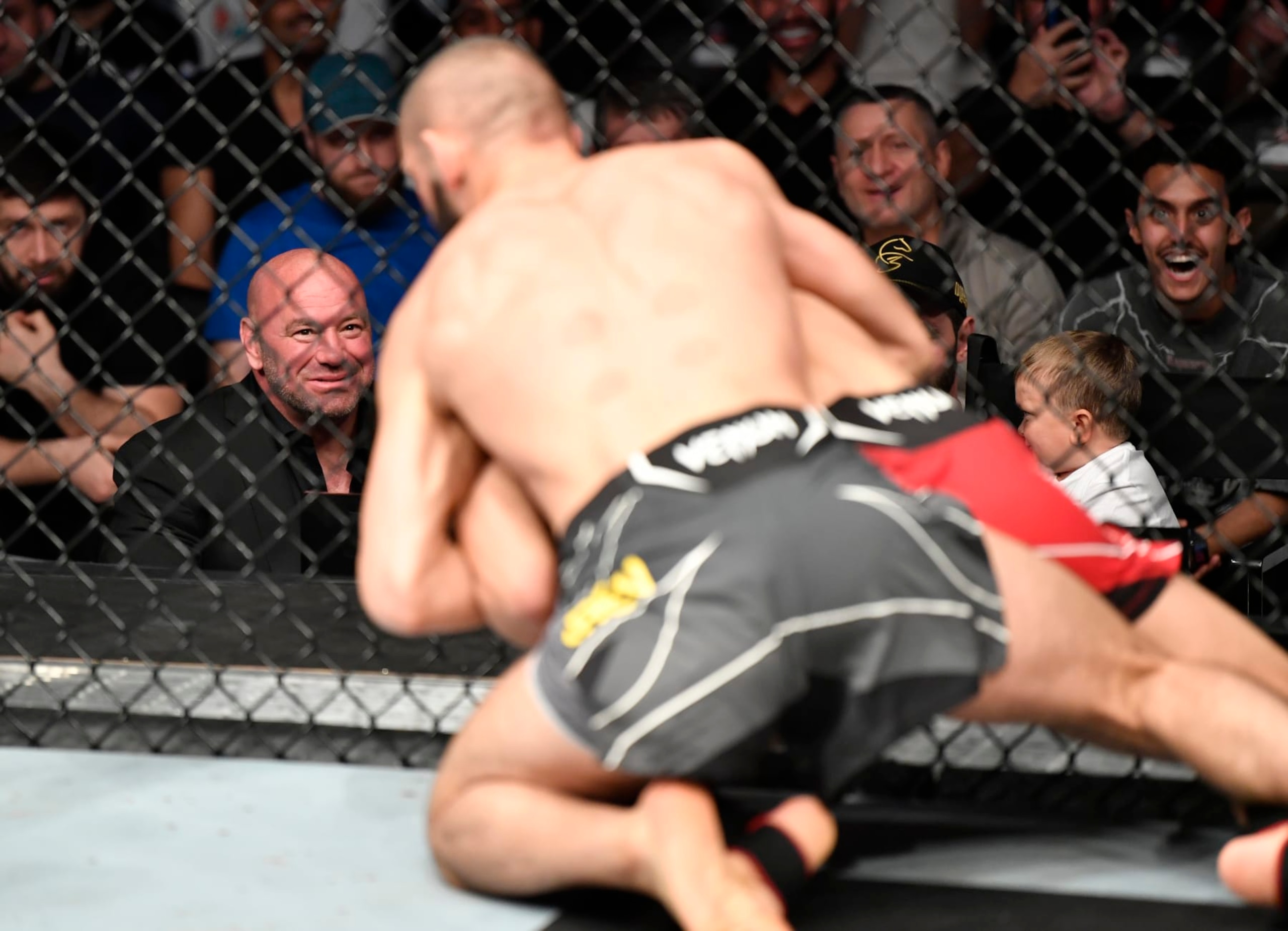 ABU DHABI, UNITED ARAB EMIRATES - OCTOBER 30: UFC president Dana White looks on during a welterweight fight between Khamzat Chimaev of Sweden and Li Jingliang of China during the UFC 267 event at Etihad Arena on October 30, 2021 in Yas Island, Abu Dhabi, United Arab Emirates. (Photo by Chris Unger/Zuffa LLC)