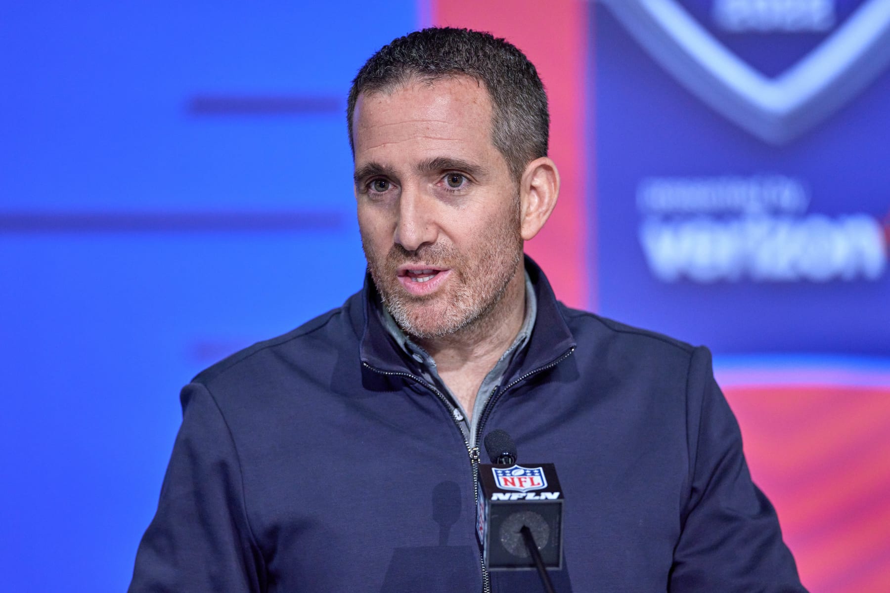 INDIANAPOLIS, IN - MARCH 02: Philadelphia Eagles general manager Howie Roseman answers questions from the media during the NFL Scouting Combine on March 2, 2022, at the Indiana Convention Center in Indianapolis, IN. (Photo by Robin Alam/Icon Sportswire via Getty Images)