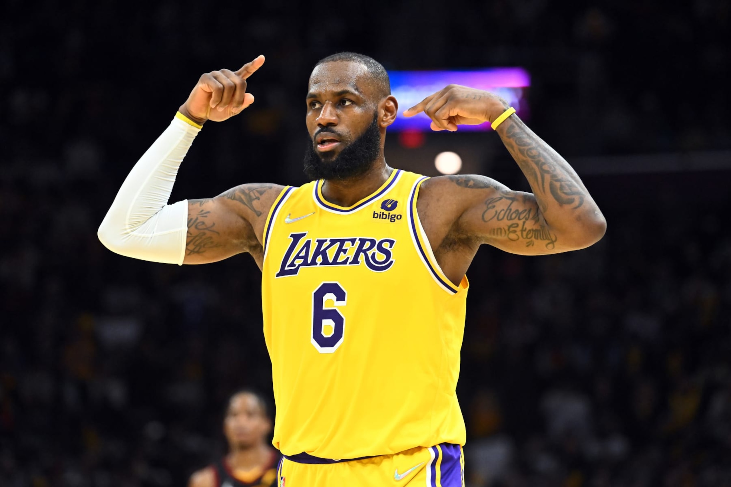 CLEVELAND, OHIO - MARCH 21: LeBron James #6 of the Los Angeles Lakers celebrates during the fourth quarter against the Cleveland Cavaliers at Rocket Mortgage Fieldhouse on March 21, 2022 in Cleveland, Ohio. The Lakers defeated the Cavaliers 131-120. NOTE TO USER: User expressly acknowledges and agrees that, by downloading and/or using this photograph, user is consenting to the terms and conditions of the Getty Images License Agreement. (Photo by Jason Miller/Getty Images) CLEVELAND, OHIO - MARCH 21: LeBron James #6 of the Los Angeles Lakers celebrates during the fourth quarter against the Cleveland Cavaliers at Rocket Mortgage Fieldhouse on March 21, 2022 in Cleveland, Ohio. The Lakers defeated the Cavaliers 131-120. NOTE TO USER: User expressly acknowledges and agrees that, by downloading and/or using this photograph, user is consenting to the terms and conditions of the Getty Images License Agreement. (Photo by Jason Miller/Getty Images)