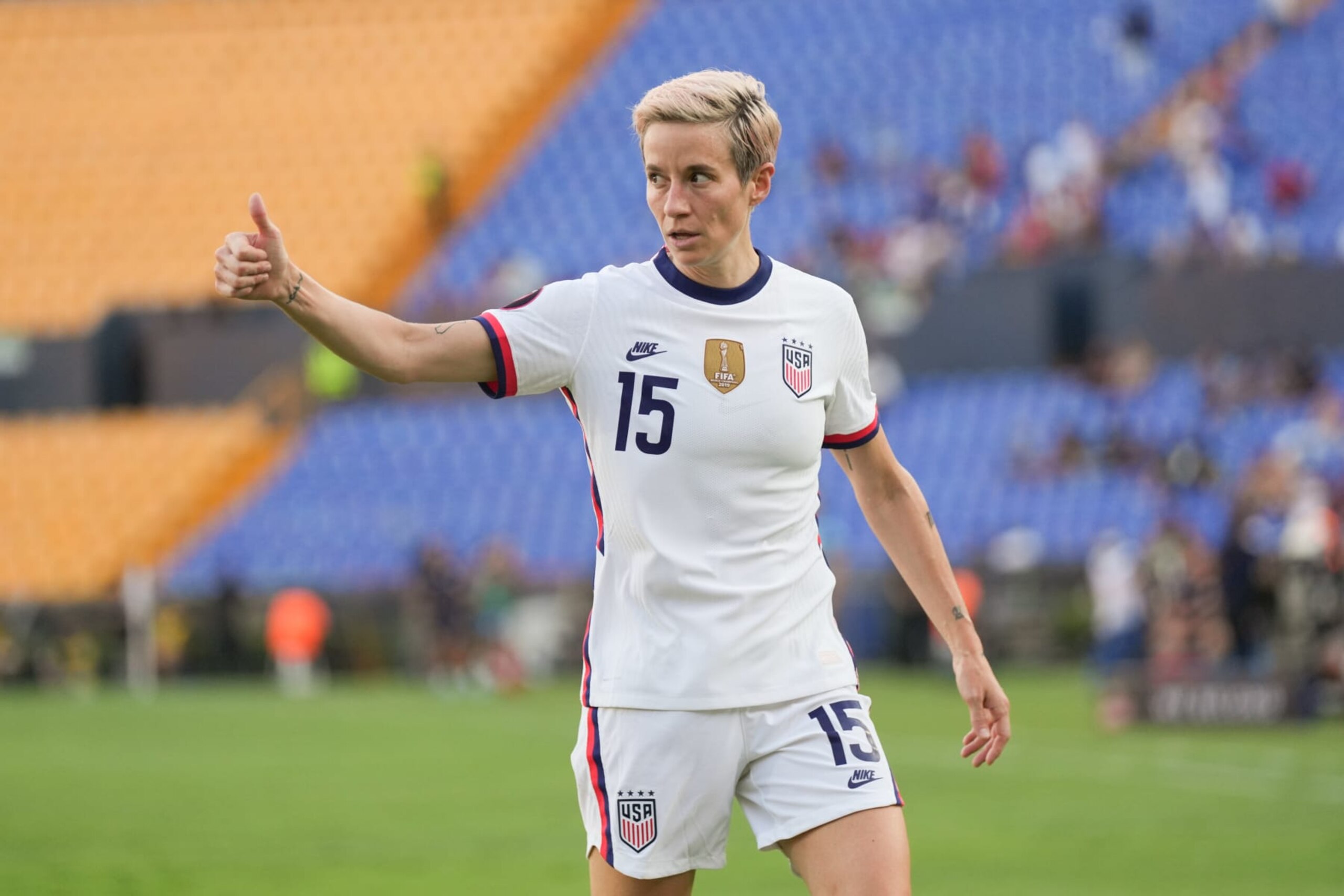 MONTERREY, MEXICO - JULY 14: Megan Rapinoe #15 of the United States gives a thumbs up during a Concacaf W Championship game between Costa Rica and USWNT at Estadio Universitario on July 14, 2022 in Monterrey, Mexico. (Photo by Brad Smith/ISI Photos/Getty Images)