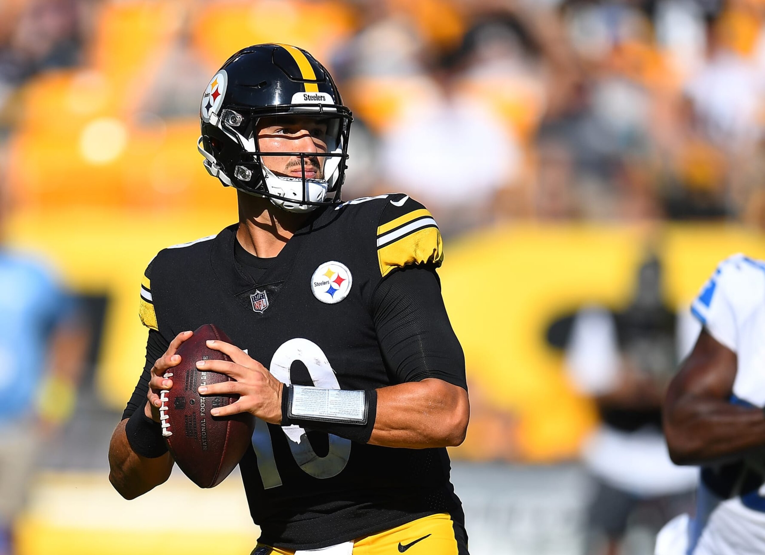 PITTSBURGH, PA - AUGUST 28:  Mitch Trubisky #10 of the Pittsburgh Steelers in action during the game against the Detroit Lions at Acrisure Stadium on August 28, 2022 in Pittsburgh, Pennsylvania. (Photo by Joe Sargent/Getty Images)