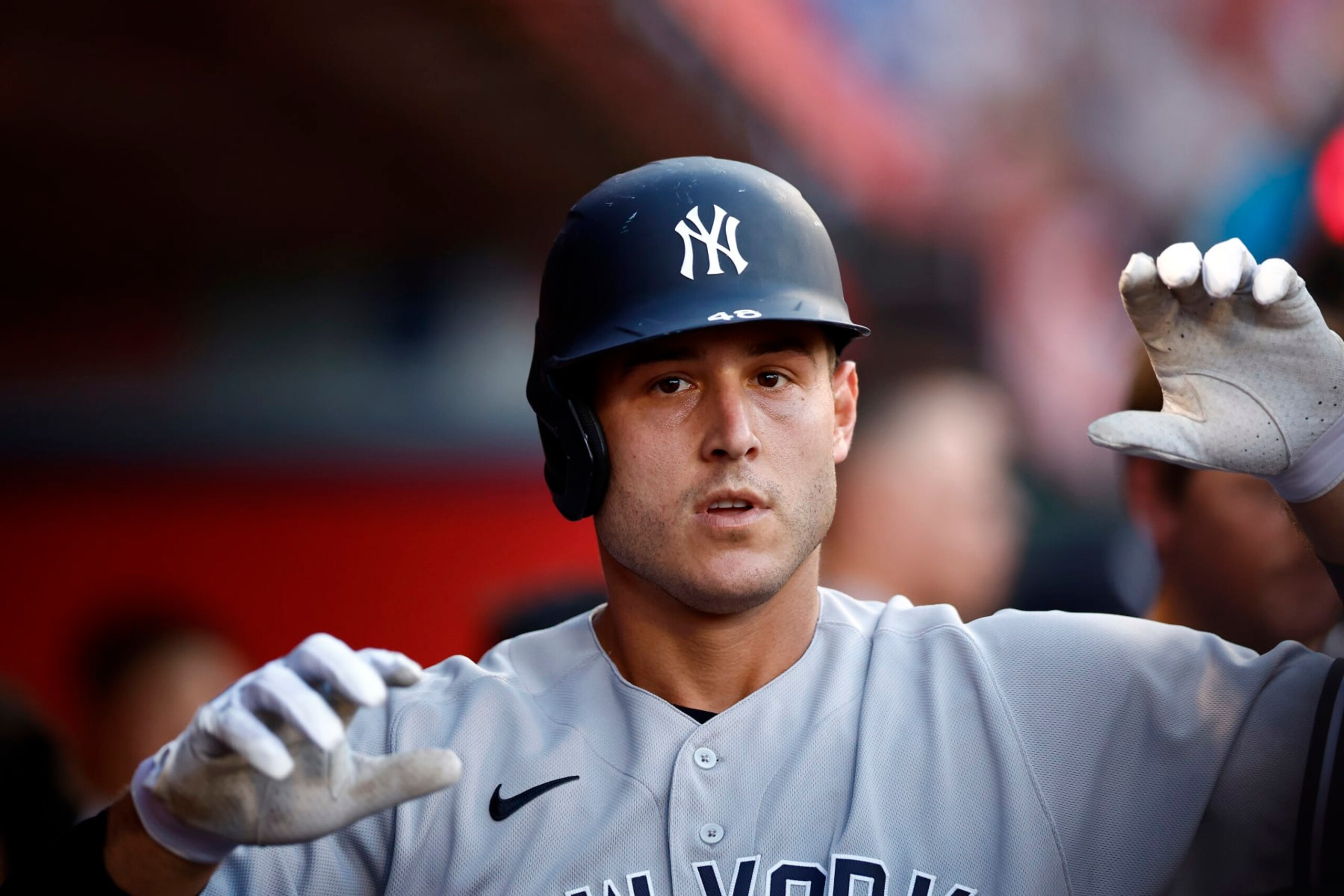 ANAHEIM, CALIFORNIA - AUGUST 30:  Anthony Rizzo #48 of the New York Yankees celebrates a home run against the Los Angeles Angels in the second inning at Angel Stadium of Anaheim on August 30, 2022 in Anaheim, California. (Photo by Ronald Martinez/Getty Images)