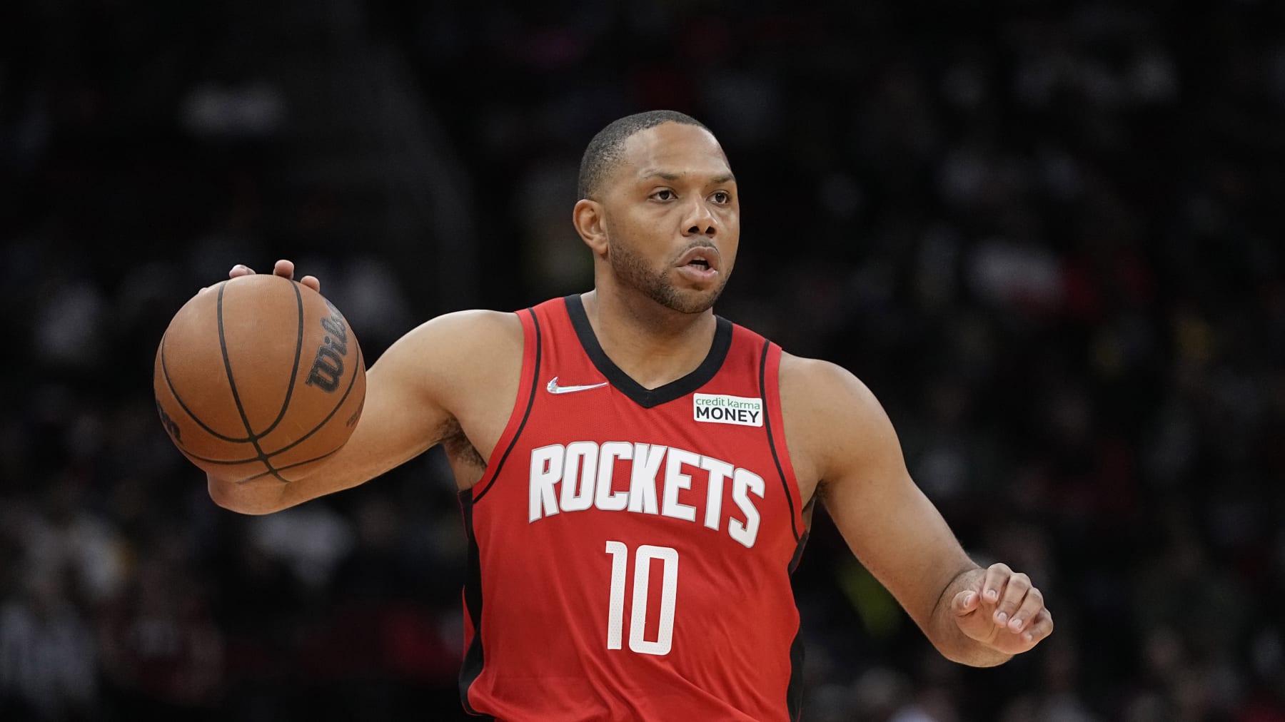 Houston Rockets' Eric Gordon brings the ball up the court against the Los Angeles Lakers during the second half of an NBA basketball game Wednesday, March 9, 2022, in Houston. The Rockets won 139-130 in overtime. (AP Photo/David J. Phillip)