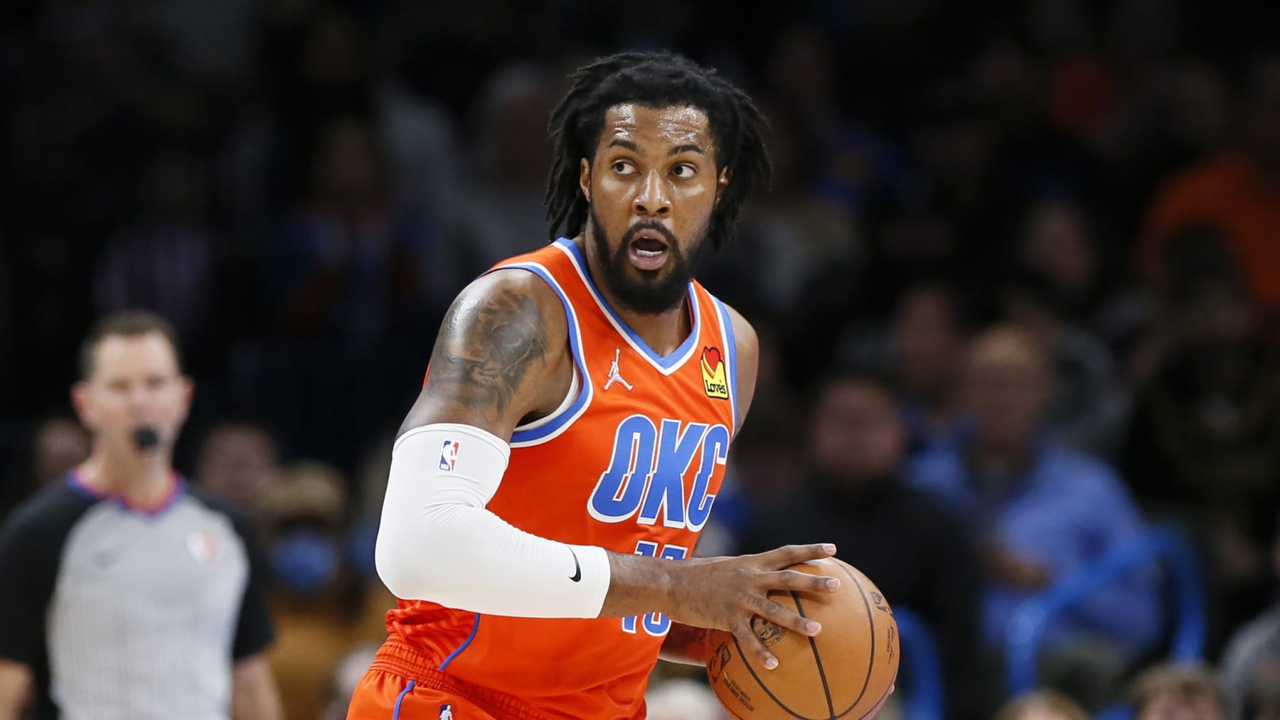 Oklahoma City Thunder center Derrick Favors (15) in the first half of an NBA basketball game Sunday, Jan. 9, 2022, in Oklahoma City. (AP Photo/Nate Billings)