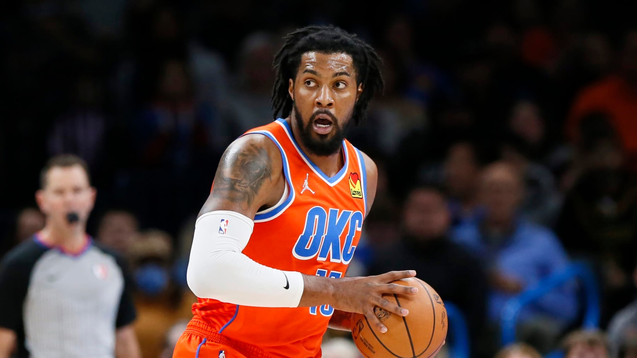 Oklahoma City Thunder center Derrick Favors (15) in the first half of an NBA basketball game Sunday, Jan. 9, 2022, in Oklahoma City. (AP Photo/Nate Billings)