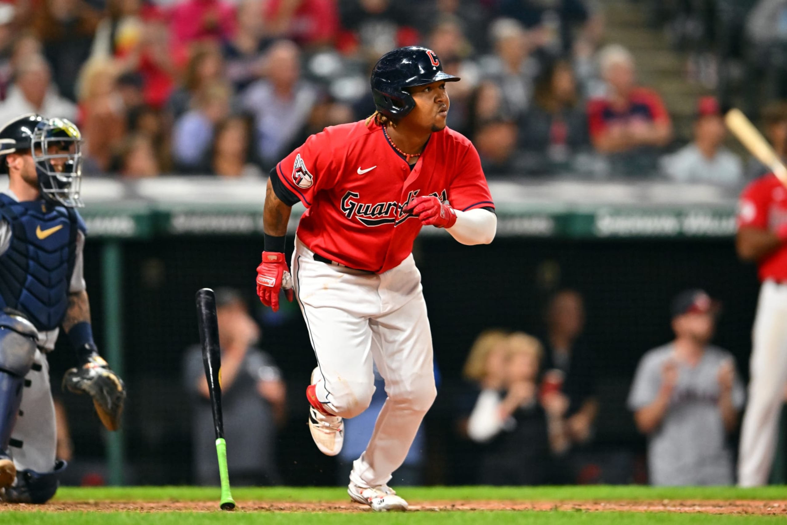 CLEVELAND, OHIO - AUGUST 16: Jose Ramirez #11 of the Cleveland Guardians runs out a single during the eighth inning against the Detroit Tigers at Progressive Field on August 16, 2022 in Cleveland, Ohio. (Photo by Jason Miller/Getty Images)