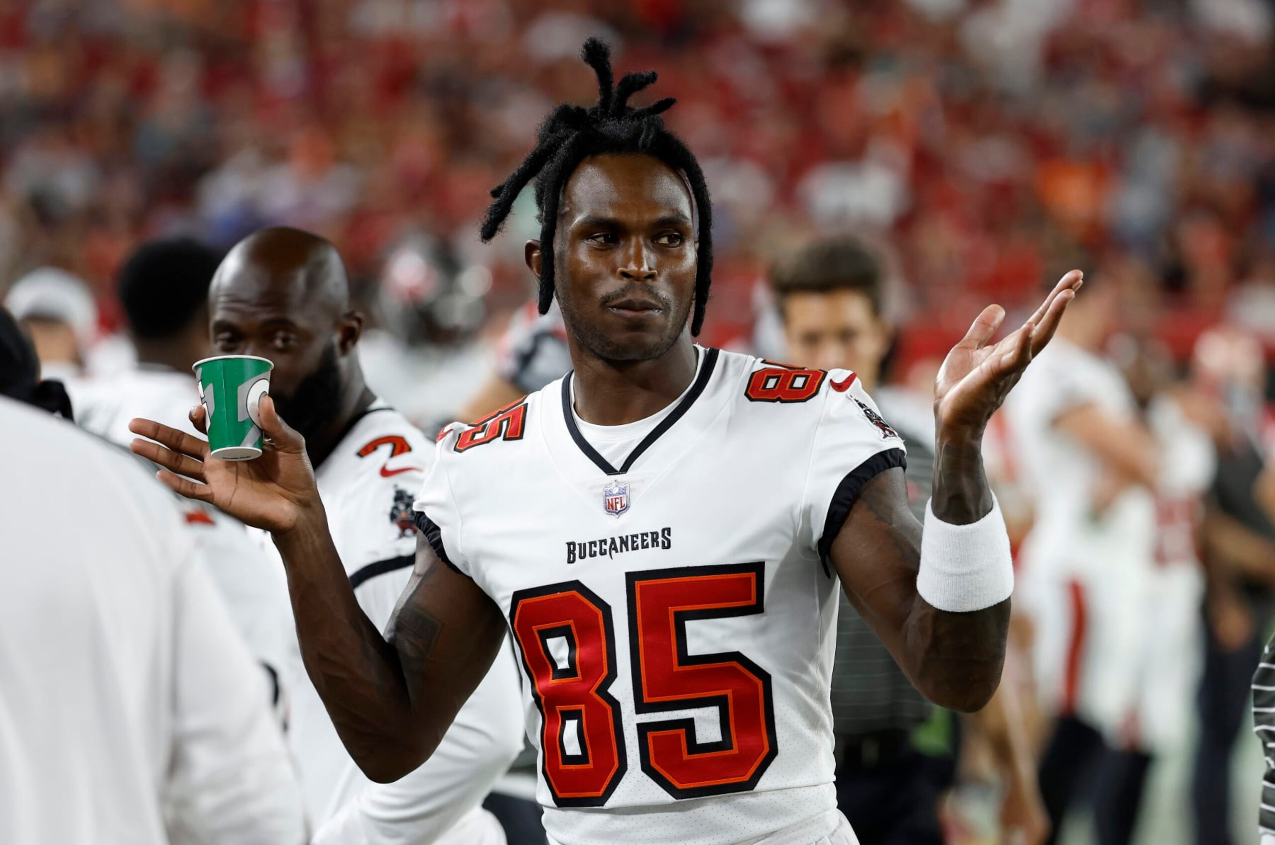 TAMPA, FLORIDA - AUGUST 13: Julio Jones #85 of the Tampa Bay Buccaneers looks on during a preseason game against the Miami Dolphins at Raymond James Stadium on August 13, 2022 in Tampa, Florida. (Photo by Mike Ehrmann/Getty Images)