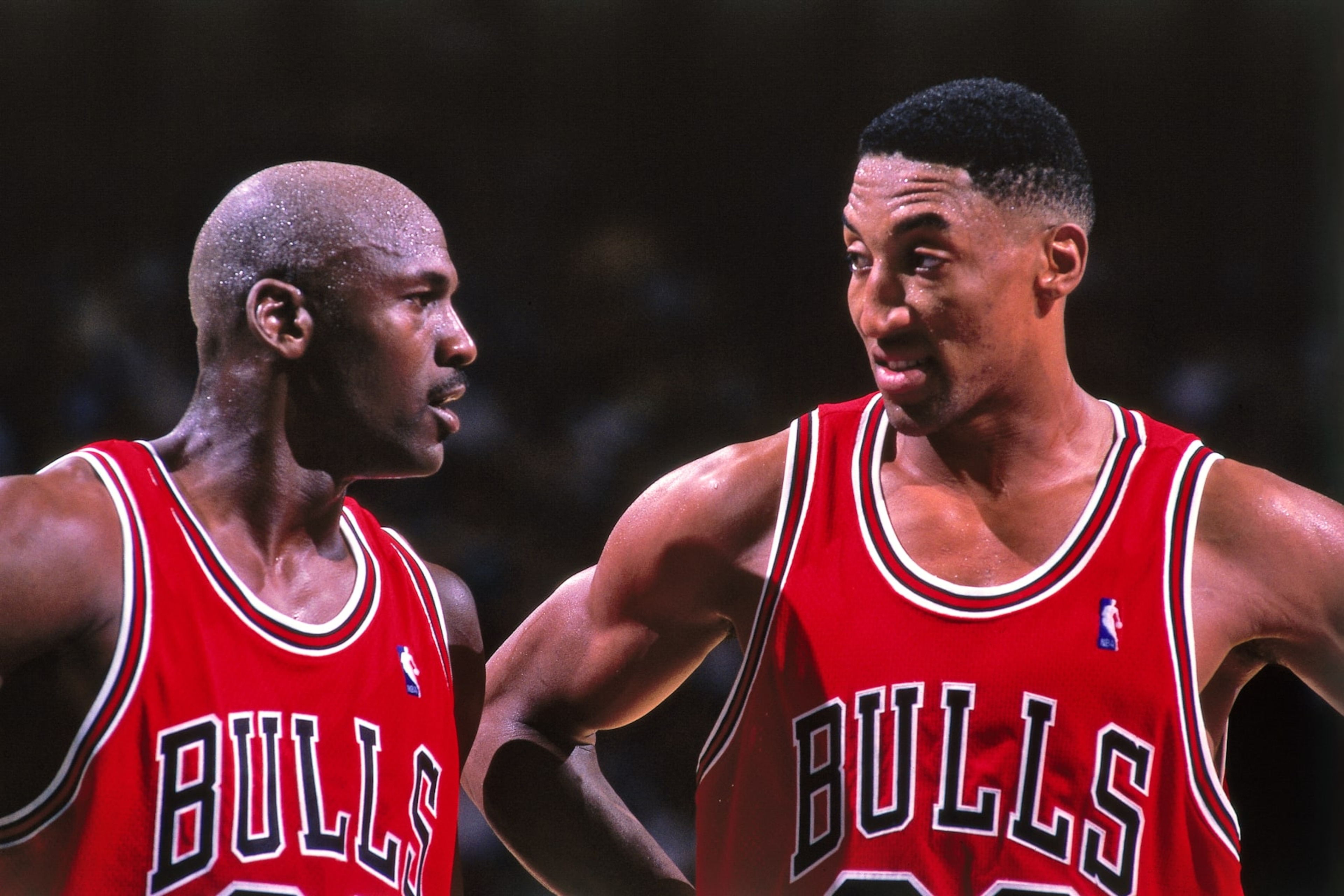 CHARLOTTE, NC - MAY 8: Michael Jordan #23 and Scottie Pippen #33 of the Chicago Bulls huddle together against the Charlotte Hornets on May 8, 1998 at Charlotte Coliseum in Charlotte, North Carolina. NOTE TO USER: User expressly acknowledges and agrees that, by downloading and or using this photograph, User is consenting to the terms and conditions of the Getty Images License Agreement. Mandatory Copyright Notice: Copyright 1998 NBAE (Photo by Kent Smith/NBAE via Getty Images) CHARLOTTE, NC - MAY 8: Michael Jordan #23 and Scottie Pippen #33 of the Chicago Bulls huddle together against the Charlotte Hornets on May 8, 1998 at Charlotte Coliseum in Charlotte, North Carolina. NOTE TO USER: User expressly acknowledges and agrees that, by downloading and or using this photograph, User is consenting to the terms and conditions of the Getty Images License Agreement. Mandatory Copyright Notice: Copyright 1998 NBAE (Photo by Kent Smith/NBAE via Getty Images)