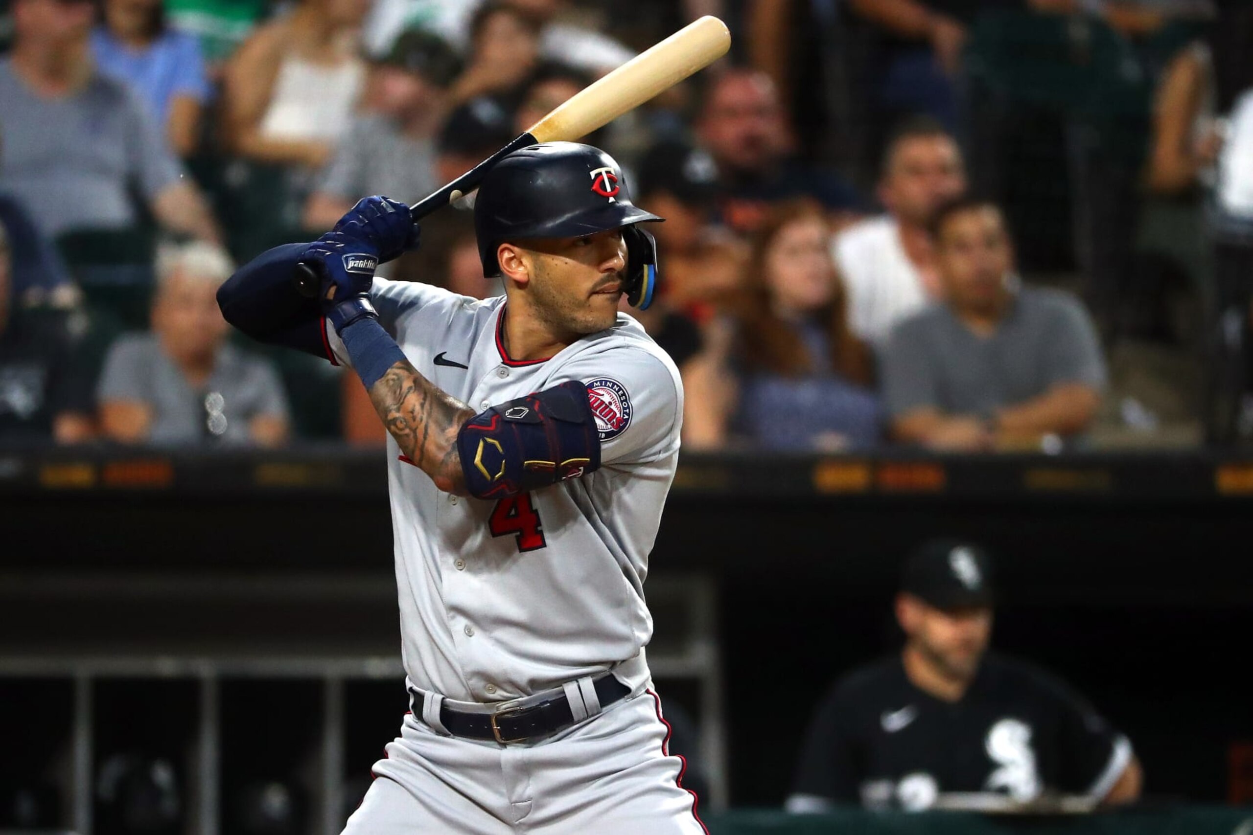 CHICAGO, ILLINOIS - SEPTEMBER 03: Carlos Correa #4 of the Minnesota Twins waits for a pitch in the third inning against the Chicago White Sox at Guaranteed Rate Field on September 03, 2022 in Chicago, Illinois. (Photo by Chase Agnello-Dean/Getty Images) CHICAGO, ILLINOIS - SEPTEMBER 03: Carlos Correa #4 of the Minnesota Twins waits for a pitch in the third inning against the Chicago White Sox at Guaranteed Rate Field on September 03, 2022 in Chicago, Illinois. (Photo by Chase Agnello-Dean/Getty Images)