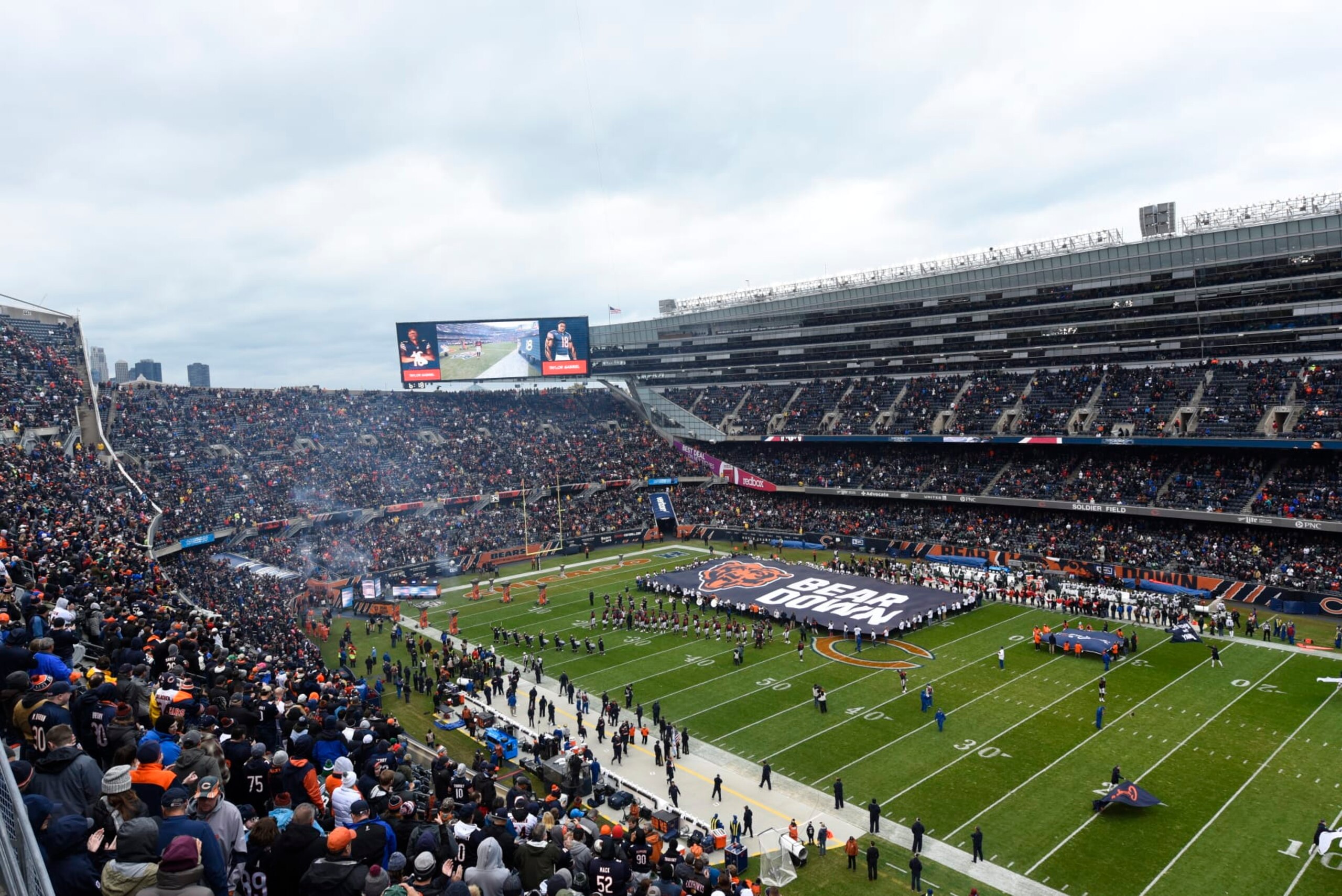 FILE - In this Oct. 28, 2018, file photo, fans wait before an NFL football game between the Chicago Bears and New York Jets at Soldier Field in Chicago. The Chicago Bears announced the signing Wednesday, Sept. 29, 2021, of an agreement to purchase Arlington Park racetrack in Arlington Heights, the latest step toward a move from their longtime home, Soldier Field in Chicago. (AP Photo/Matt Marton, File) FILE - In this Oct. 28, 2018, file photo, fans wait before an NFL football game between the Chicago Bears and New York Jets at Soldier Field in Chicago. The Chicago Bears announced the signing Wednesday, Sept. 29, 2021, of an agreement to purchase Arlington Park racetrack in Arlington Heights, the latest step toward a move from their longtime home, Soldier Field in Chicago. (AP Photo/Matt Marton, File)