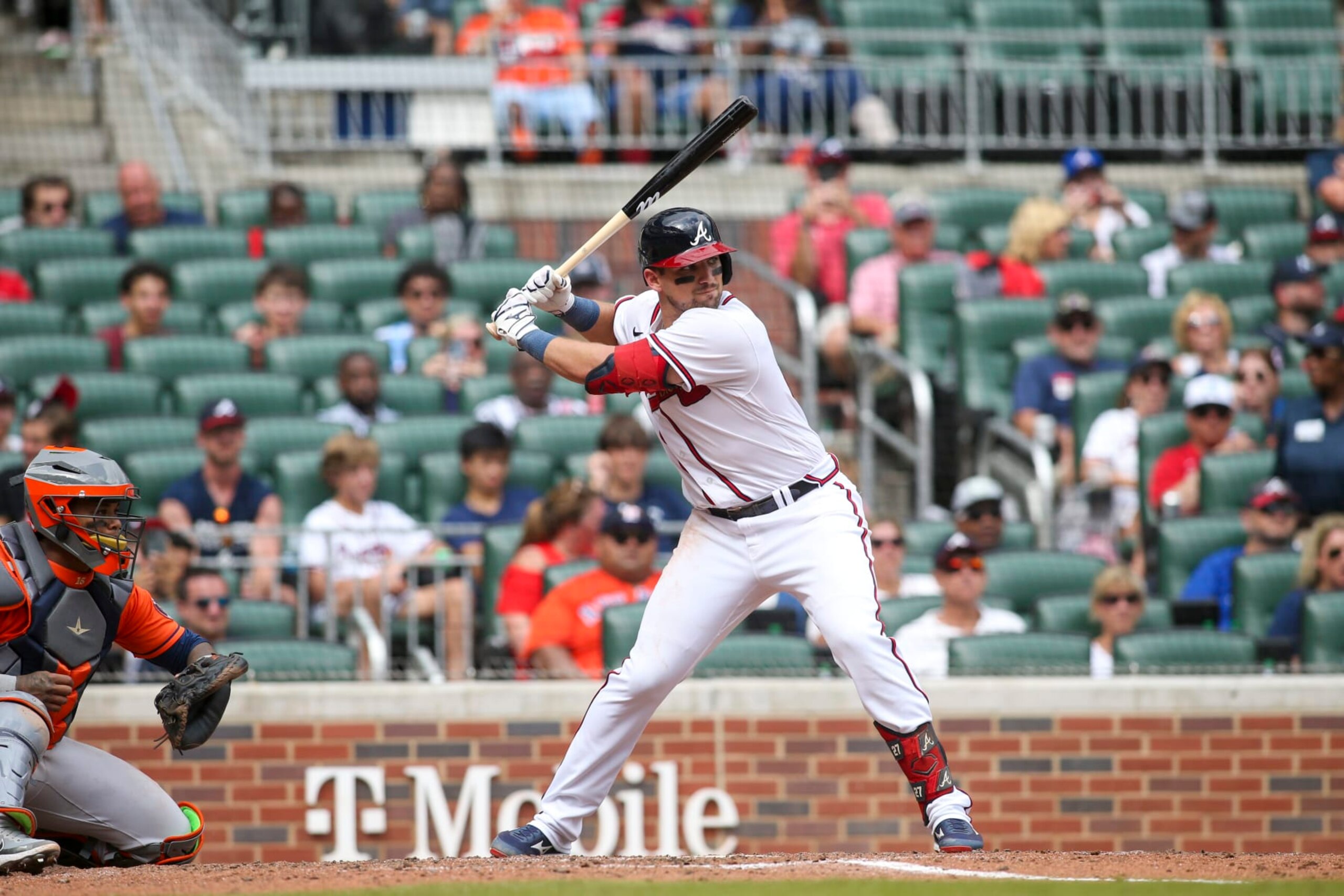 ATLANTA, GA - AUGUST 21: Austin Riley #27 of the Atlanta Braves bats against the Atlanta Braves in the ninth inning at Truist Park on August 21, 2022 in Atlanta, Georgia. (Photo by Brett Davis/Getty Images)