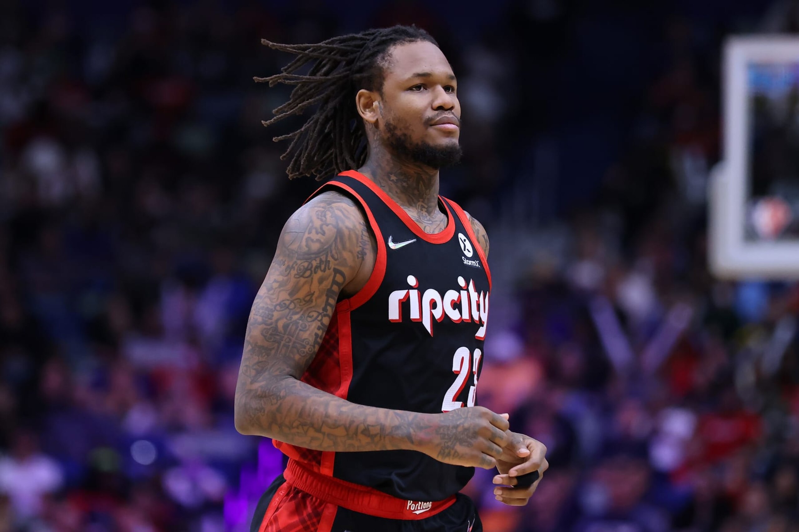 NEW ORLEANS, LOUISIANA - APRIL 07: Ben McLemore #23 of the Portland Trail Blazers reacts against the New Orleans Pelicans during a game at the Smoothie King Center on April 07, 2022 in New Orleans, Louisiana. NOTE TO USER: User expressly acknowledges and agrees that, by downloading and or using this Photograph, user is consenting to the terms and conditions of the Getty Images License Agreement. (Photo by Jonathan Bachman/Getty Images)