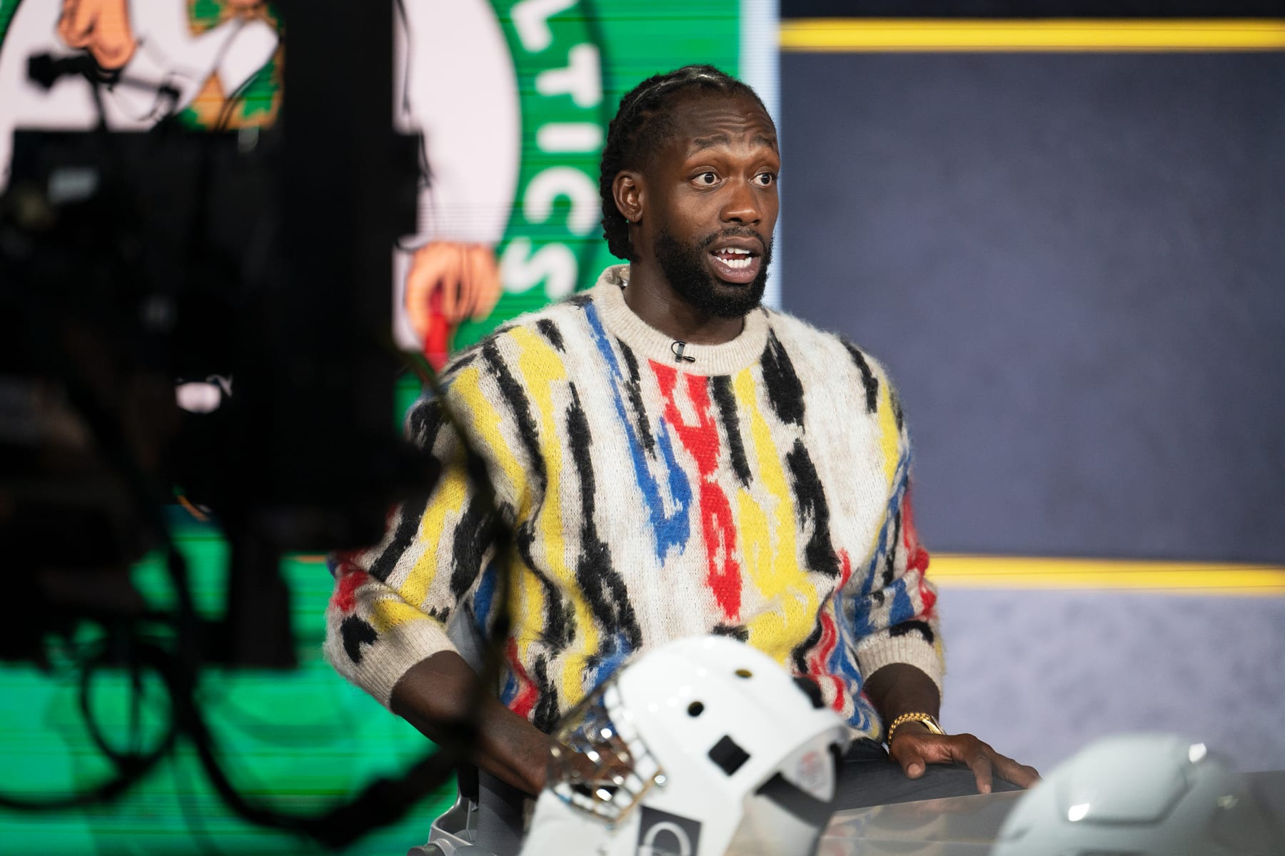 WASHINGTON, DC - JUNE 02: Patrick Beverley, NBA player and analyst for ESPN, speaks on air with Scott Van Pelt after Game One of the NBA playoffs at the studio in Washington, DC on June 02, 2022. (Photo by Craig Hudson for The Washington Post via Getty Images)