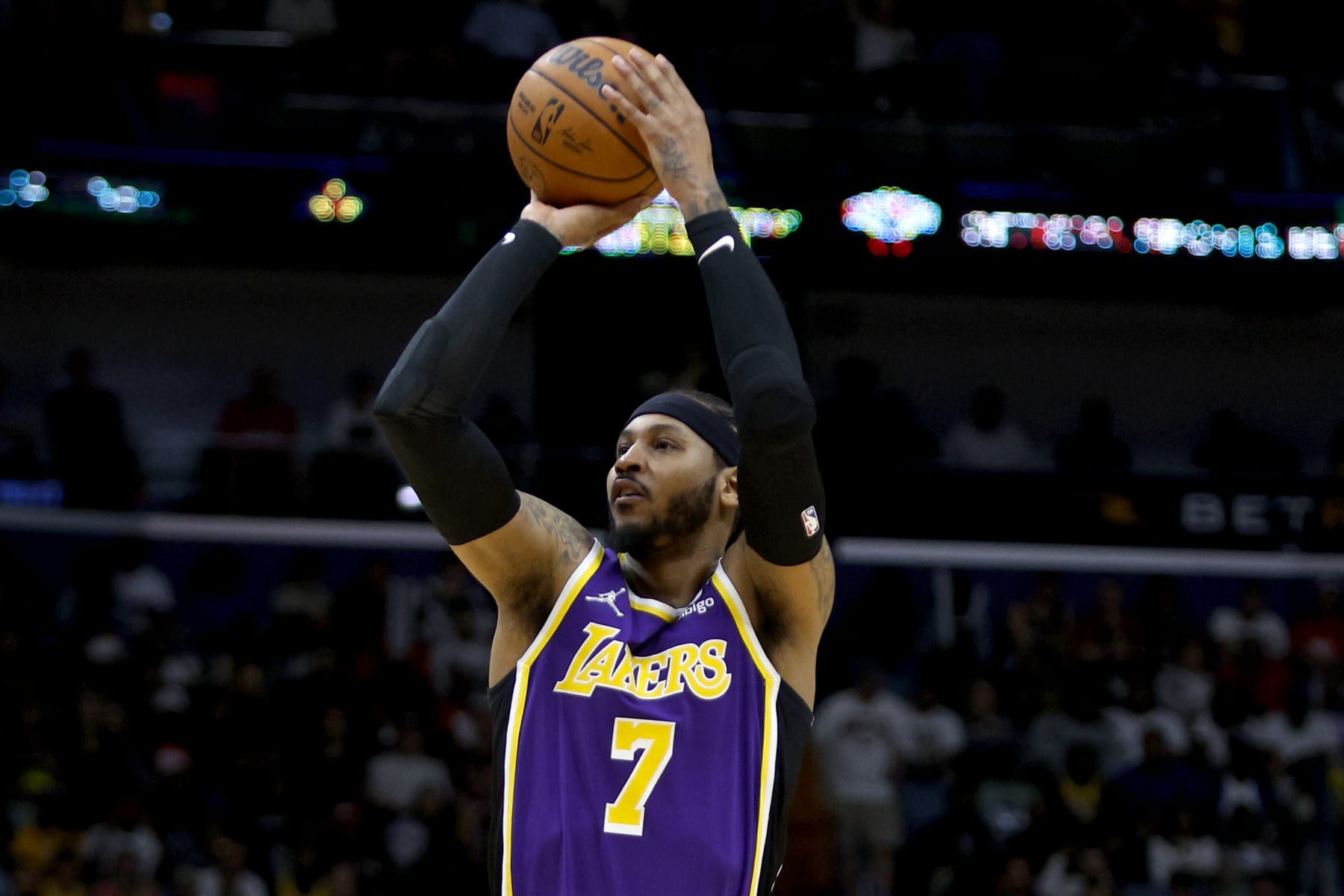 NEW ORLEANS, LOUISIANA - MARCH 27: Carmelo Anthony #7 of the Los Angeles Lakers takes a shot during the fourth quarter of an NBA game against the New Orleans Pelicans at Smoothie King Center on March 27, 2022 in New Orleans, Louisiana. New Orleans Pelicans won the game 116 - 108. NOTE TO USER: User expressly acknowledges and agrees that, by downloading and or using this photograph, User is consenting to the terms and conditions of the Getty Images License Agreement. (Photo by Sean Gardner/Getty Images)