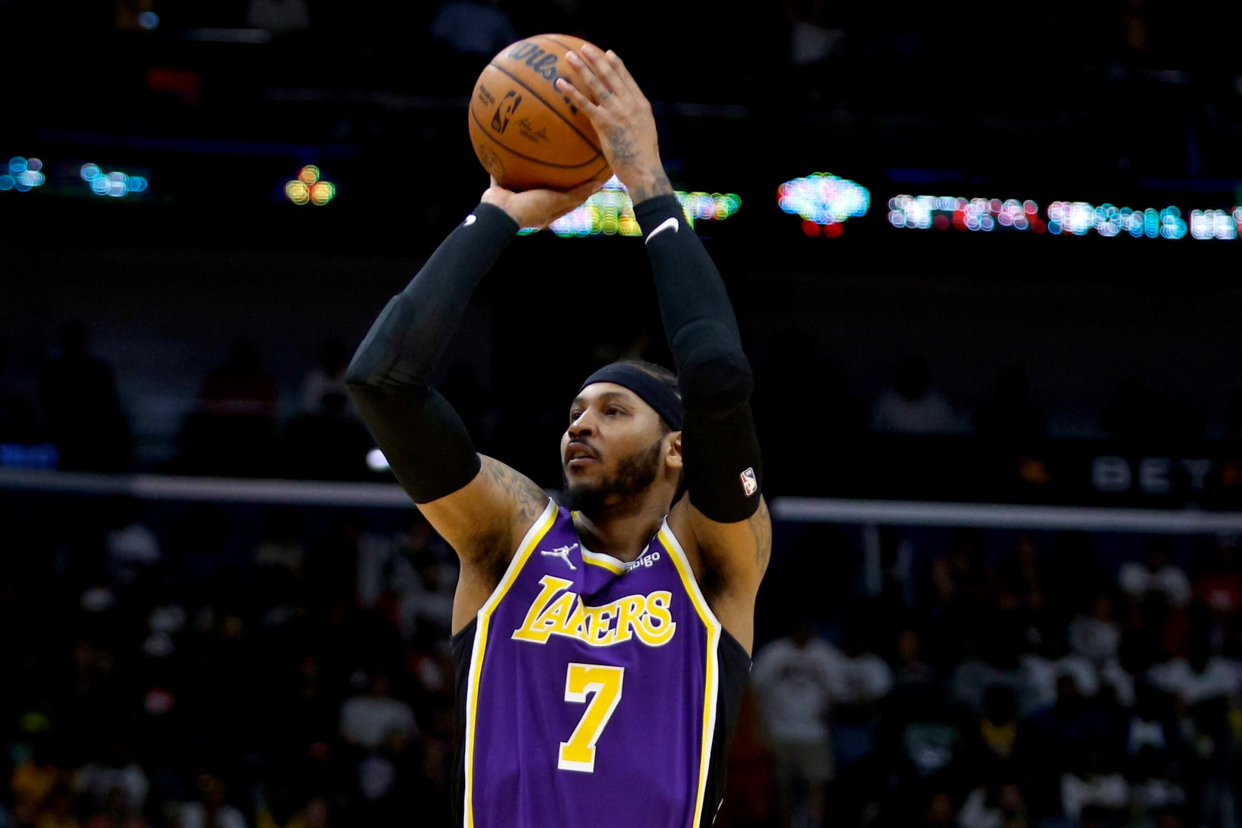 NEW ORLEANS, LOUISIANA - MARCH 27: Carmelo Anthony #7 of the Los Angeles Lakers takes a shot during the fourth quarter of an NBA game against the New Orleans Pelicans at Smoothie King Center on March 27, 2022 in New Orleans, Louisiana. New Orleans Pelicans won the game 116 - 108. NOTE TO USER: User expressly acknowledges and agrees that, by downloading and or using this photograph, User is consenting to the terms and conditions of the Getty Images License Agreement. (Photo by Sean Gardner/Getty Images)