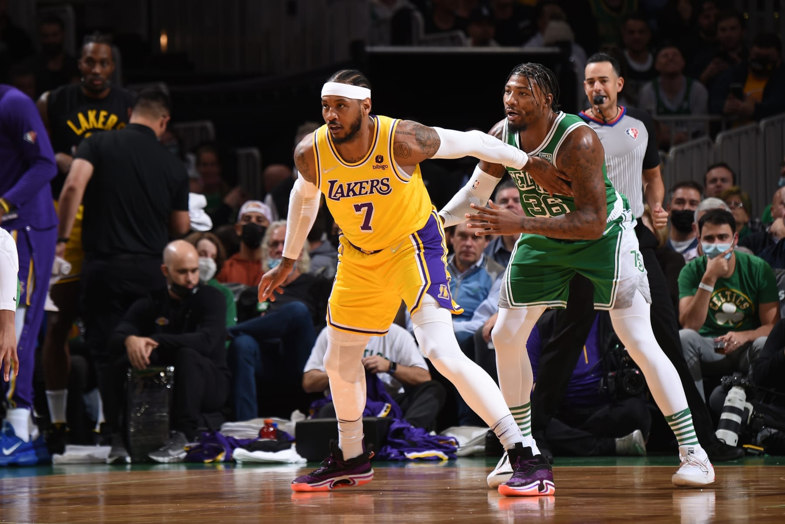 BOSTON, MA - NOVEMBER 19: Carmelo Anthony #7 of the Los Angeles Lakers and Marcus Smart #36 of the Boston Celtics fight for position during the game on November 19, 2021 at the TD Garden in Boston, Massachusetts.  NOTE TO USER: User expressly acknowledges and agrees that, by downloading and or using this photograph, User is consenting to the terms and conditions of the Getty Images License Agreement. Mandatory Copyright Notice: Copyright 2021 NBAE  (Photo by Brian Babineau/NBAE via Getty Images)