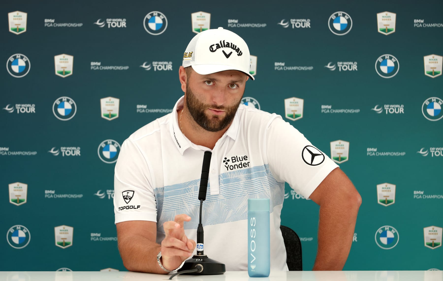 VIRGINIA WATER, ENGLAND - SEPTEMBER 06: Jon Rahm of Spain talks to the media during a press conference prior to the BMW PGA Championship at Wentworth Golf Club on September 06, 2022 in Virginia Water, England. (Photo by Warren Little/Getty Images)