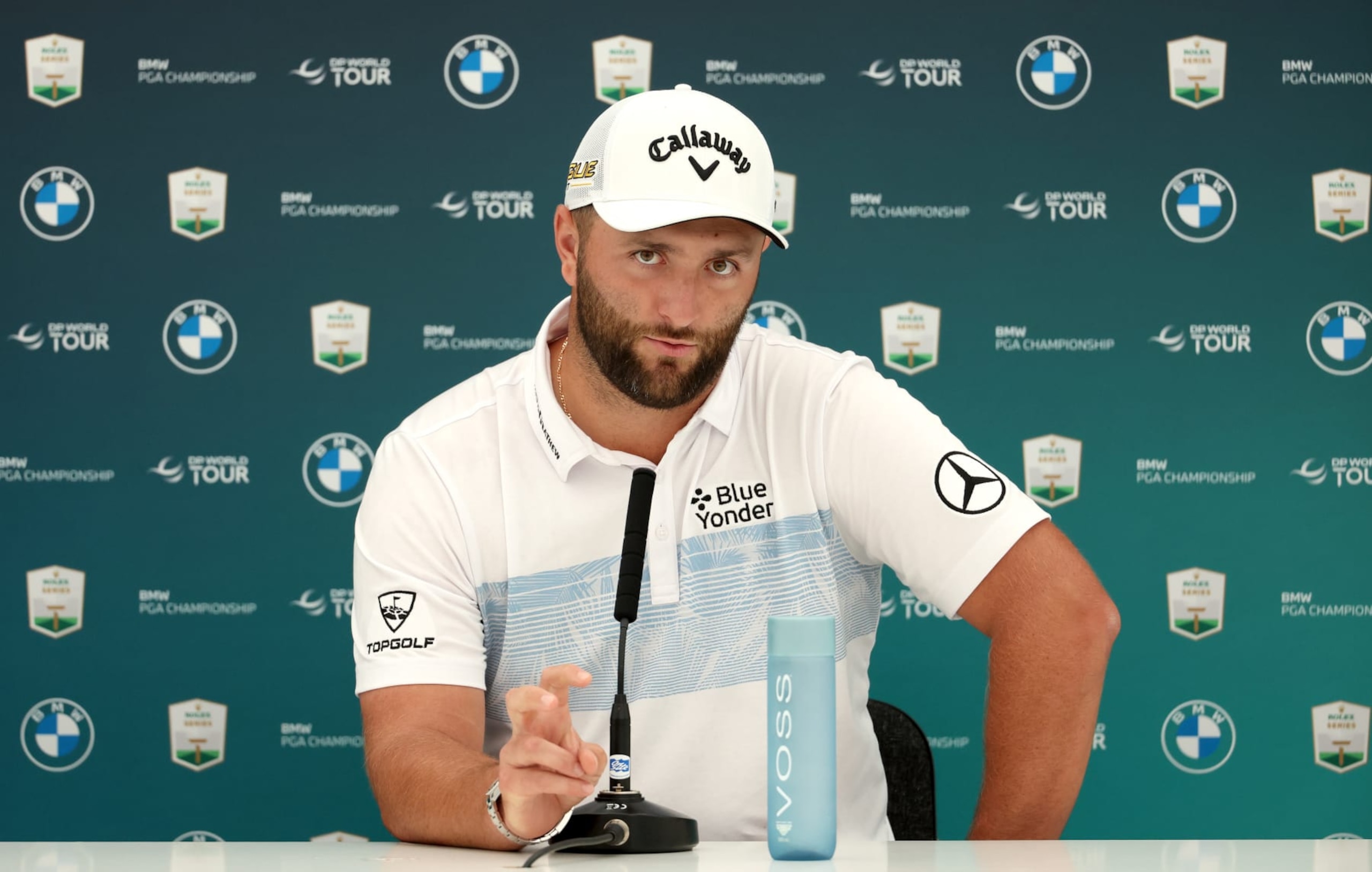 VIRGINIA WATER, ENGLAND - SEPTEMBER 06: Jon Rahm of Spain talks to the media during a press conference prior to the BMW PGA Championship at Wentworth Golf Club on September 06, 2022 in Virginia Water, England. (Photo by Warren Little/Getty Images)