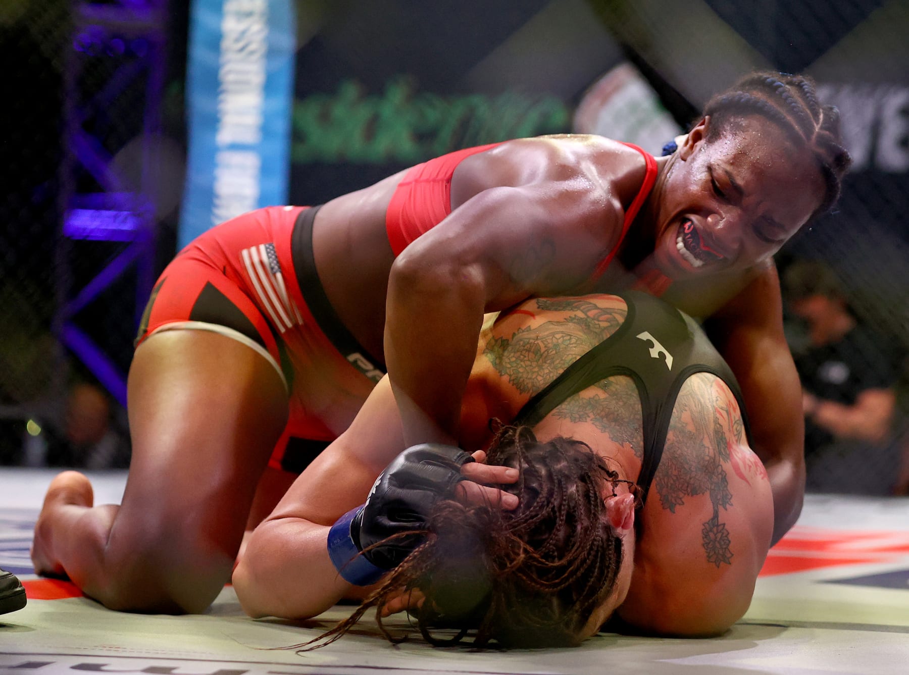 ATLANTIC CITY, NEW JERSEY - JUNE 10: Claressa Shields of the United States punches Brittney Elkin of the United States during the third round of their lightweight bout in Ovation Hall at Ocean Casino Resort on June 10, 2021 in Atlantic City, New Jersey. (Photo by Elsa/Getty Images)