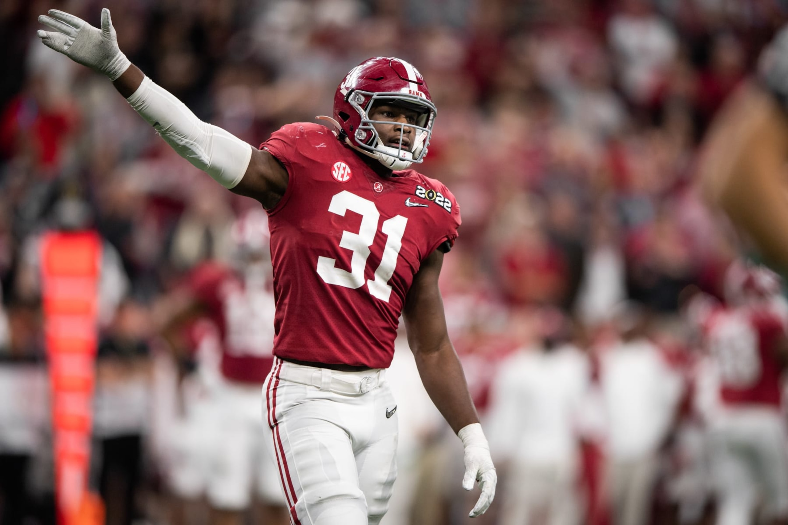 INDIANAPOLIS, IN - JANUARY 10: Alabama Crimson Tide LB Will Anderson Jr. (31) celebrates on the field during the Alabama Crimson Tide versus the Georgia Bulldogs in the College Football Playoff National Championship, on January 10, 2022, at Lucas Oil Stadium in Indianapolis, IN. (Photo by Zach Bolinger/Icon Sportswire via Getty Images)