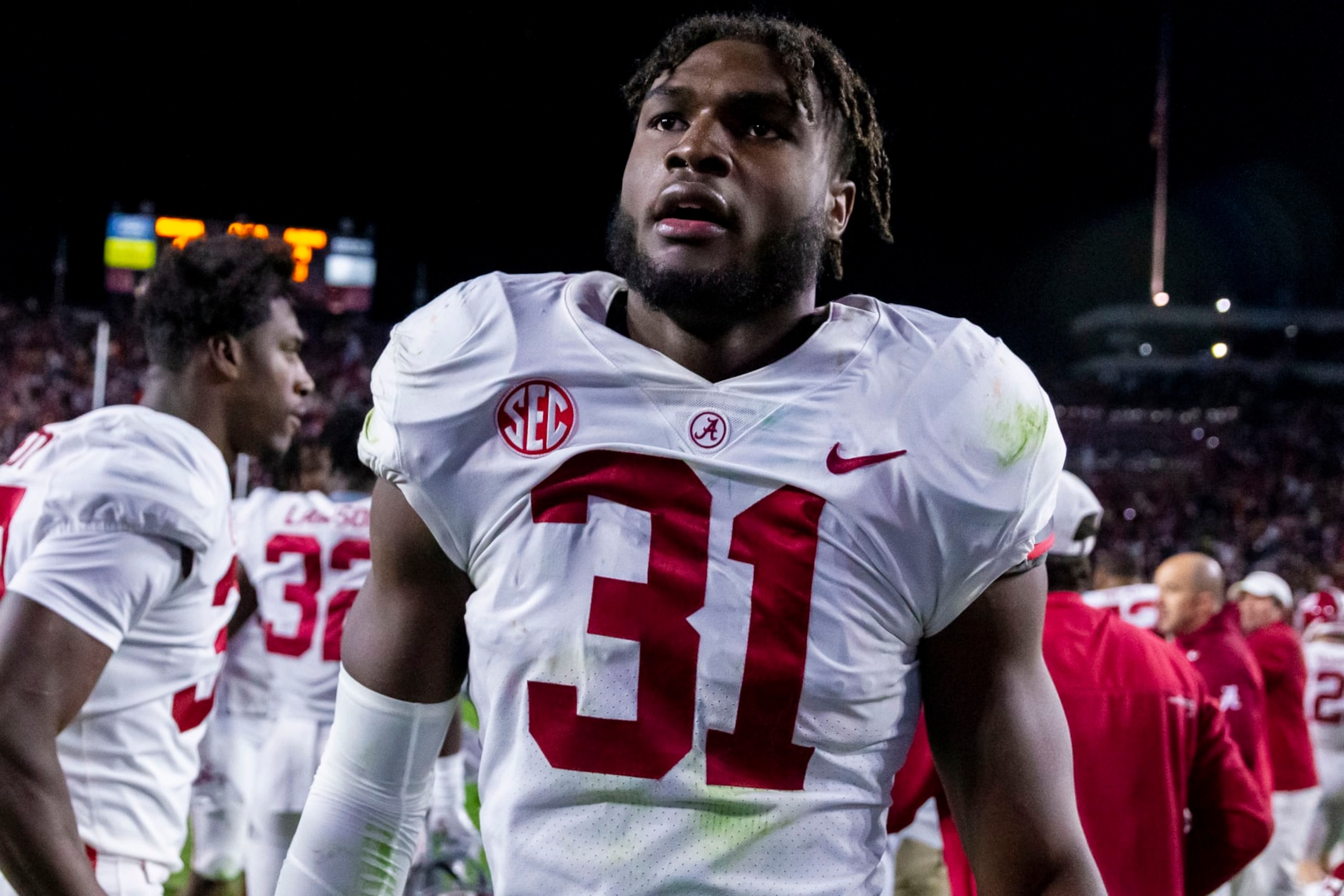 FILE - Alabama linebacker Will Anderson Jr. (31) walks off the field after a 24-22 four-overtime win in an NCAA college football game against Auburn on Saturday, Nov. 27, 2021, in Auburn, Ala. Anderson is a top contender for the 2022 Heisman Trophy and Bronko Nagurski Trophy. (AP Photo/Vasha Hunt, File)