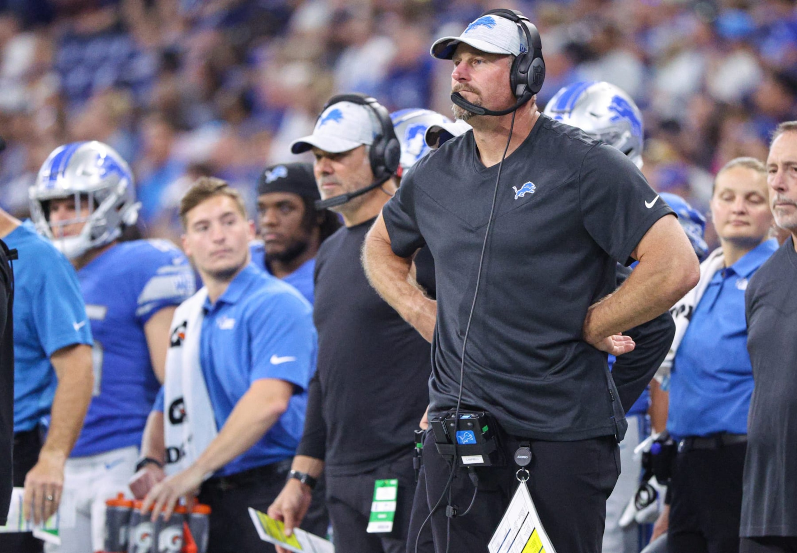 INDIANAPOLIS, IN - AUGUST 20: Head coach Dan Campbell of Detroit Lions is seen during the game against the Indianapolis Colts at Lucas Oil Stadium on August 20, 2022 in Indianapolis, Indiana. (Photo by Michael Hickey/Getty Images) INDIANAPOLIS, IN - AUGUST 20: Head coach Dan Campbell of Detroit Lions is seen during the game against the Indianapolis Colts at Lucas Oil Stadium on August 20, 2022 in Indianapolis, Indiana. (Photo by Michael Hickey/Getty Images)