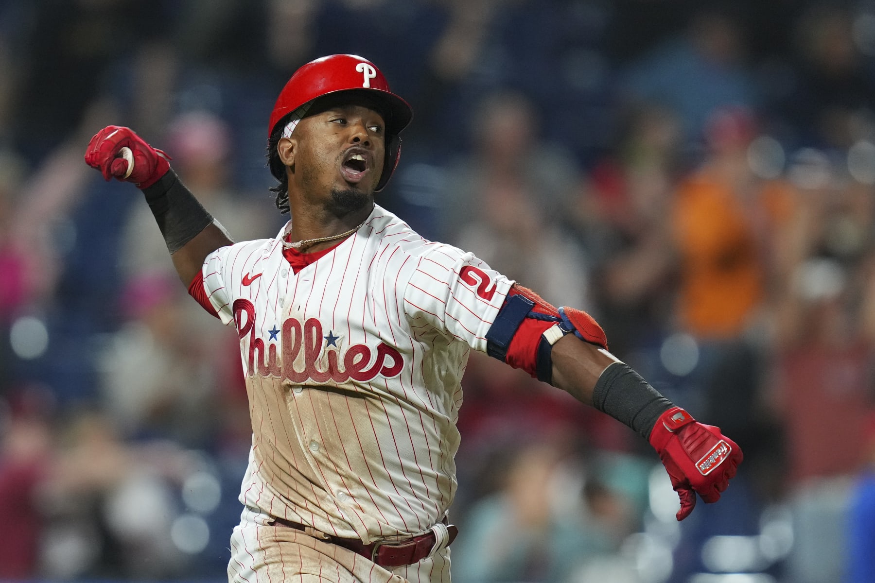 PHILADELPHIA, PA - SEPTEMBER 06: Jean Segura #2 of the Philadelphia Phillies reacts after hitting the game-winning RBI single in the bottom of the ninth inning against the Miami Marlins at Citizens Bank Park on September 6, 2022 in Philadelphia, Pennsylvania. The Phillies defeated the Marlins 3-2. (Photo by Mitchell Leff/Getty Images)