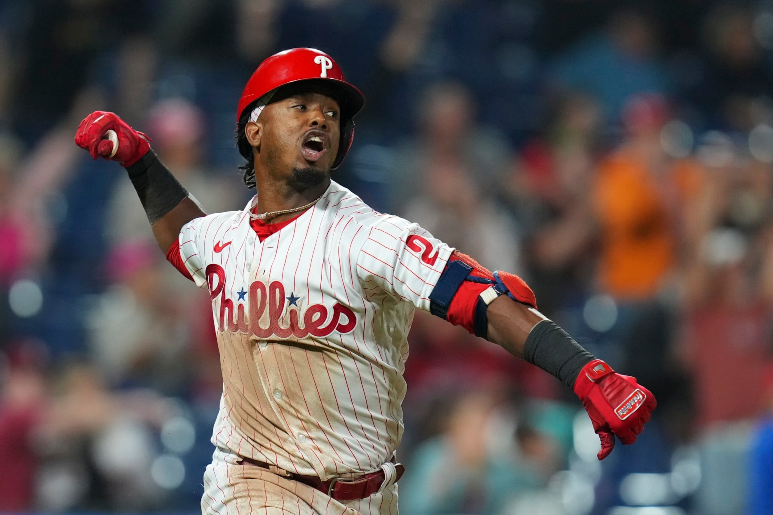 PHILADELPHIA, PA - SEPTEMBER 06: Jean Segura #2 of the Philadelphia Phillies reacts after hitting the game-winning RBI single in the bottom of the ninth inning against the Miami Marlins at Citizens Bank Park on September 6, 2022 in Philadelphia, Pennsylvania. The Phillies defeated the Marlins 3-2. (Photo by Mitchell Leff/Getty Images)