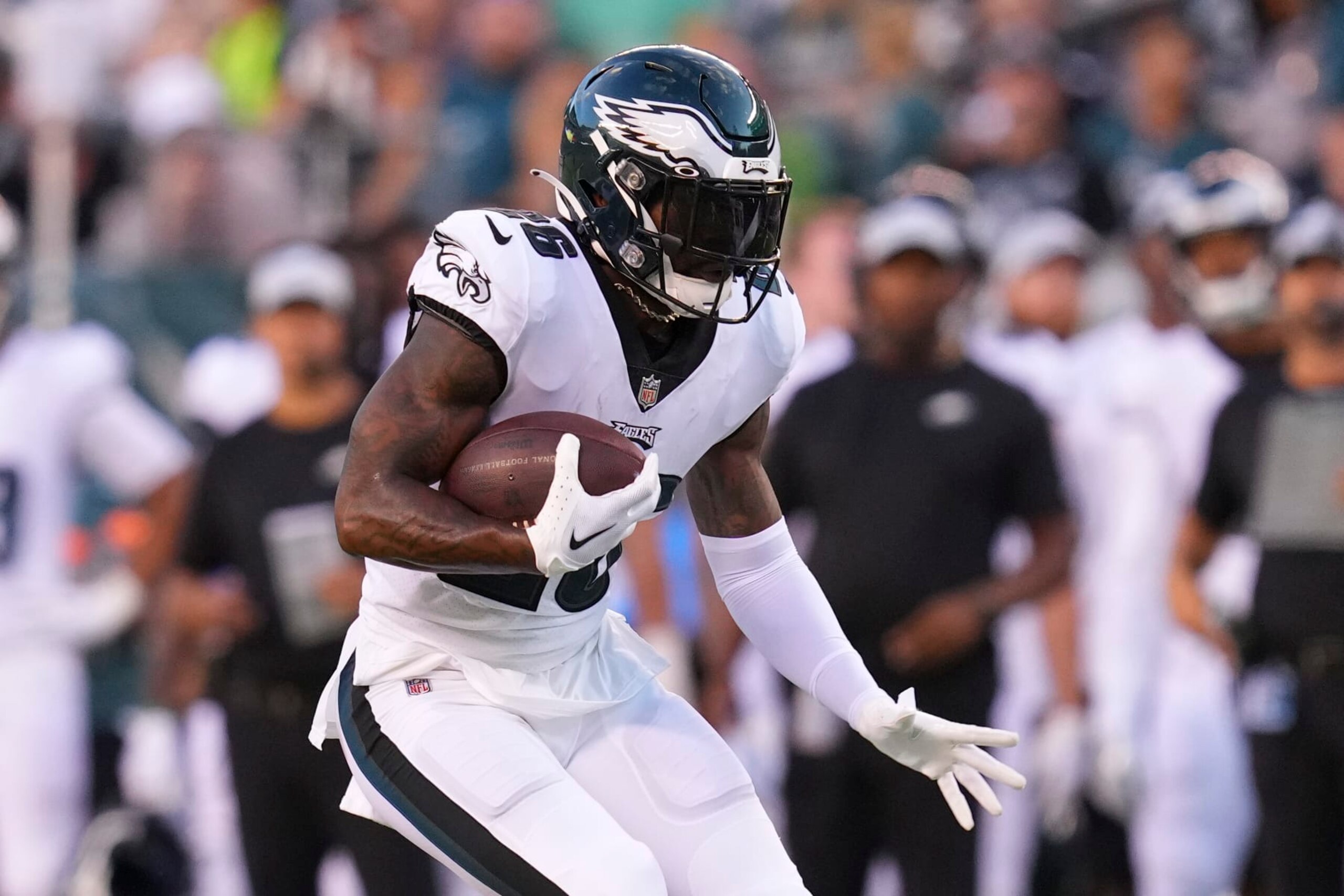 PHILADELPHIA, PA - AUGUST 12: Miles Sanders #26 of the Philadelphia Eagles runs with the ball against the New York Jets during the preseason game at Lincoln Financial Field on August 12, 2022 in Philadelphia, Pennsylvania. The Jets defeated the Eagles 24-21. (Photo by Mitchell Leff/Getty Images)
