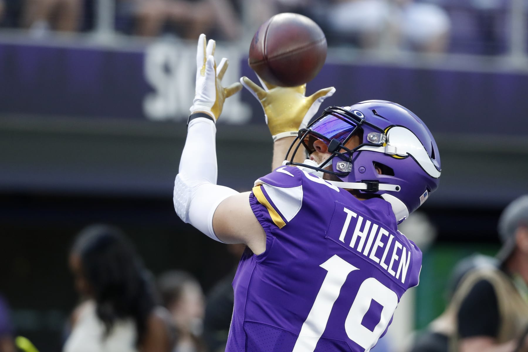 Minnesota Vikings wide receiver Adam Thielen (19) warms up before a preseason NFL football game against the San Francisco 49ers, Saturday, Aug. 20, 2022, in Minneapolis. (AP Photo/Bruce Kluckhohn)