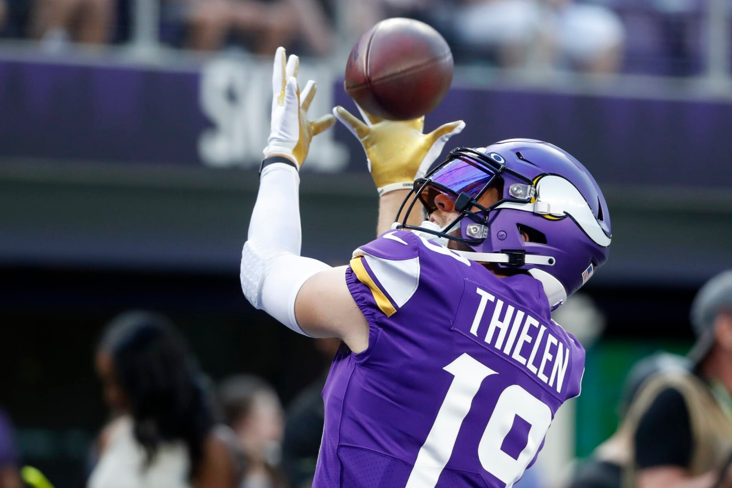 Minnesota Vikings wide receiver Adam Thielen (19) warms up before a preseason NFL football game against the San Francisco 49ers, Saturday, Aug. 20, 2022, in Minneapolis. (AP Photo/Bruce Kluckhohn)