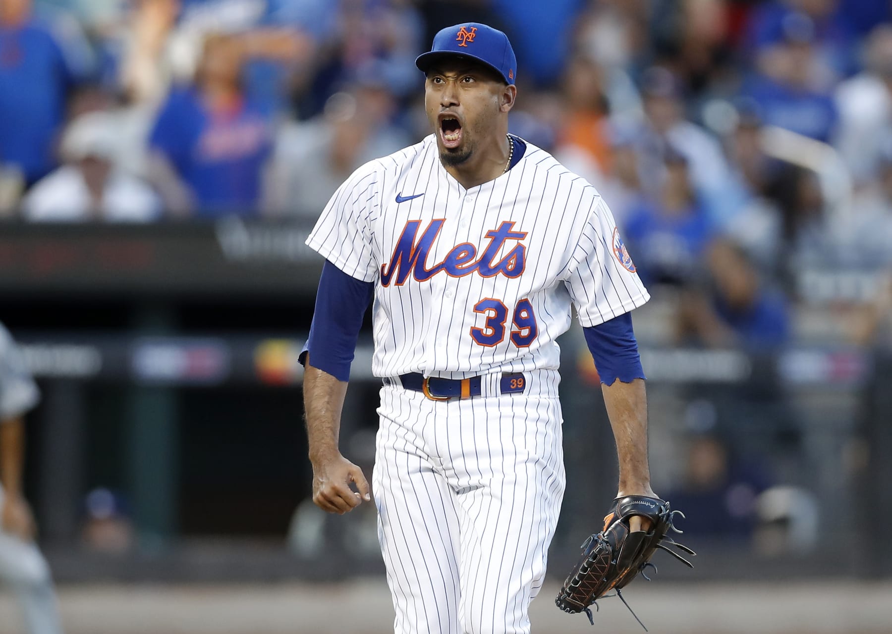 NEW YORK, NEW YORK - SEPTEMBER 01:  Edwin Diaz #39 of the New York Mets reacts after the eighth inning against the Los Angeles Dodgers at Citi Field on September 01, 2022 in New York City. The Mets defeated the Dodgers 5-3. (Photo by Jim McIsaac/Getty Images)