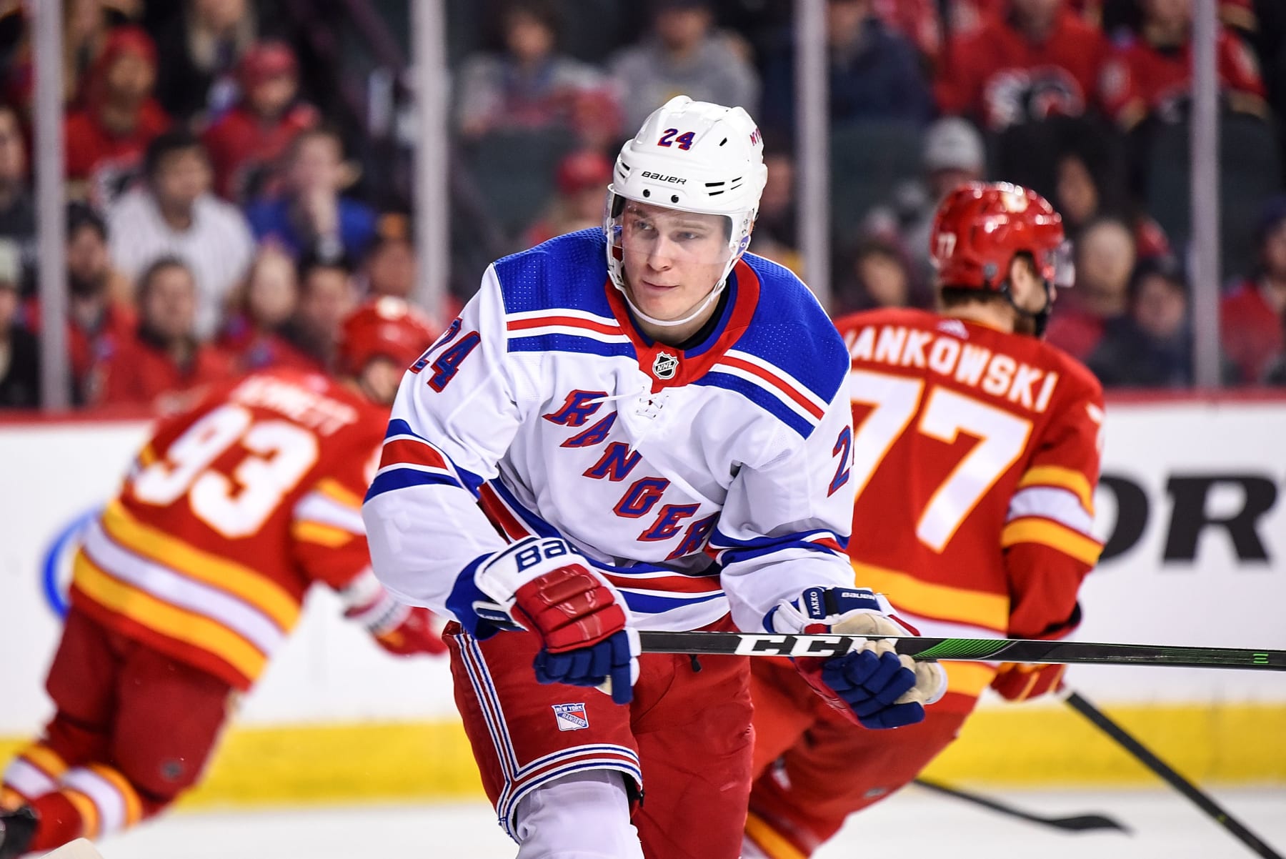 CALGARY, AB - JANUARY 02: New York Rangers Right Wing Kaapo Kakko (24) skates during the first period of an NHL game where the Calgary Flames hosted the New York Rangers on January 2, 2020, at the Scotiabank Saddledome in Calgary, AB. (Photo by Brett Holmes/Icon Sportswire via Getty Images)