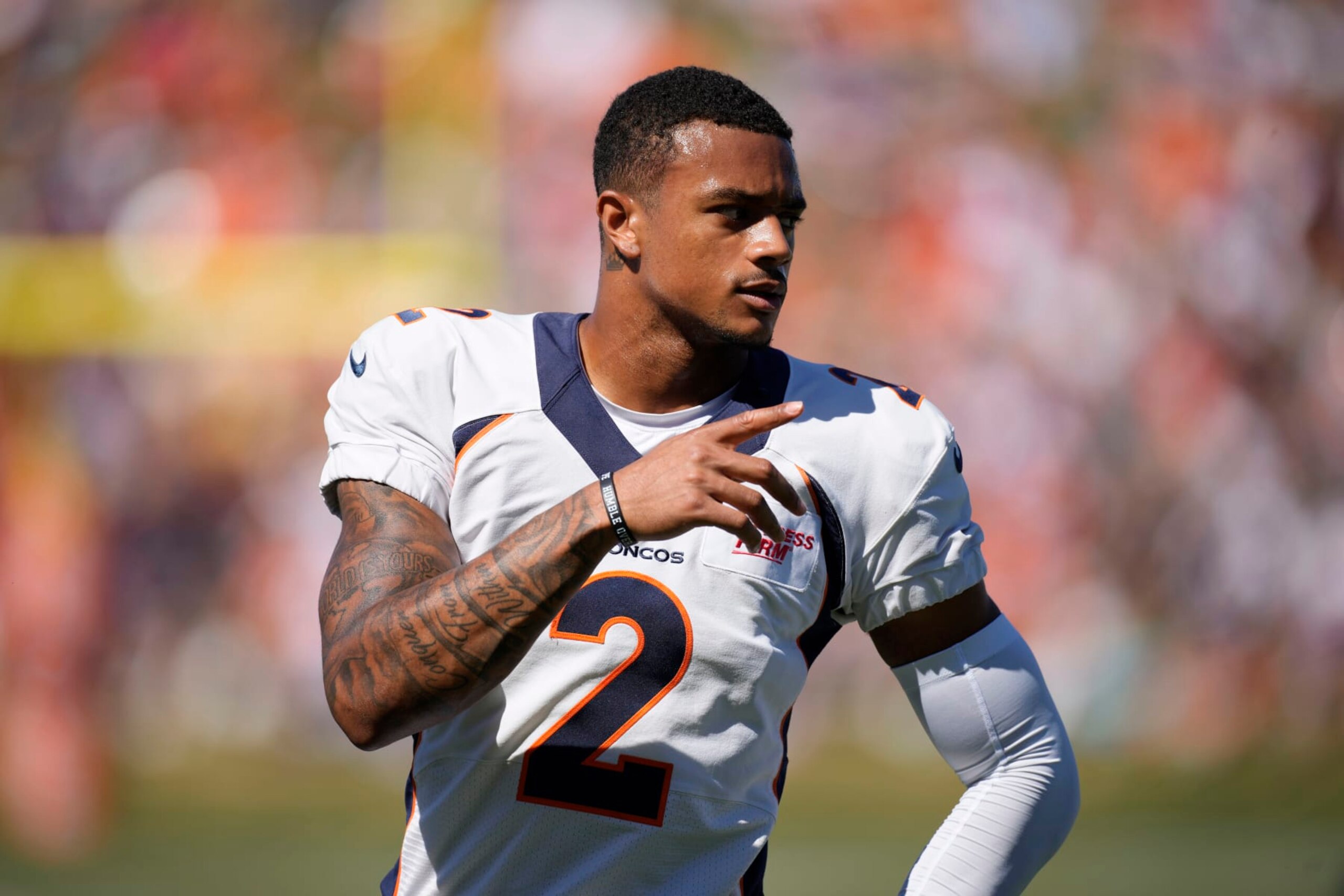 Denver Broncos cornerback Patrick Surtain II takes part in drills during the NFL football team's training camp Saturday, Aug. 6, 2022, at the Broncos' headquarters in Centennial, Colo. (AP Photo/David Zalubowski)