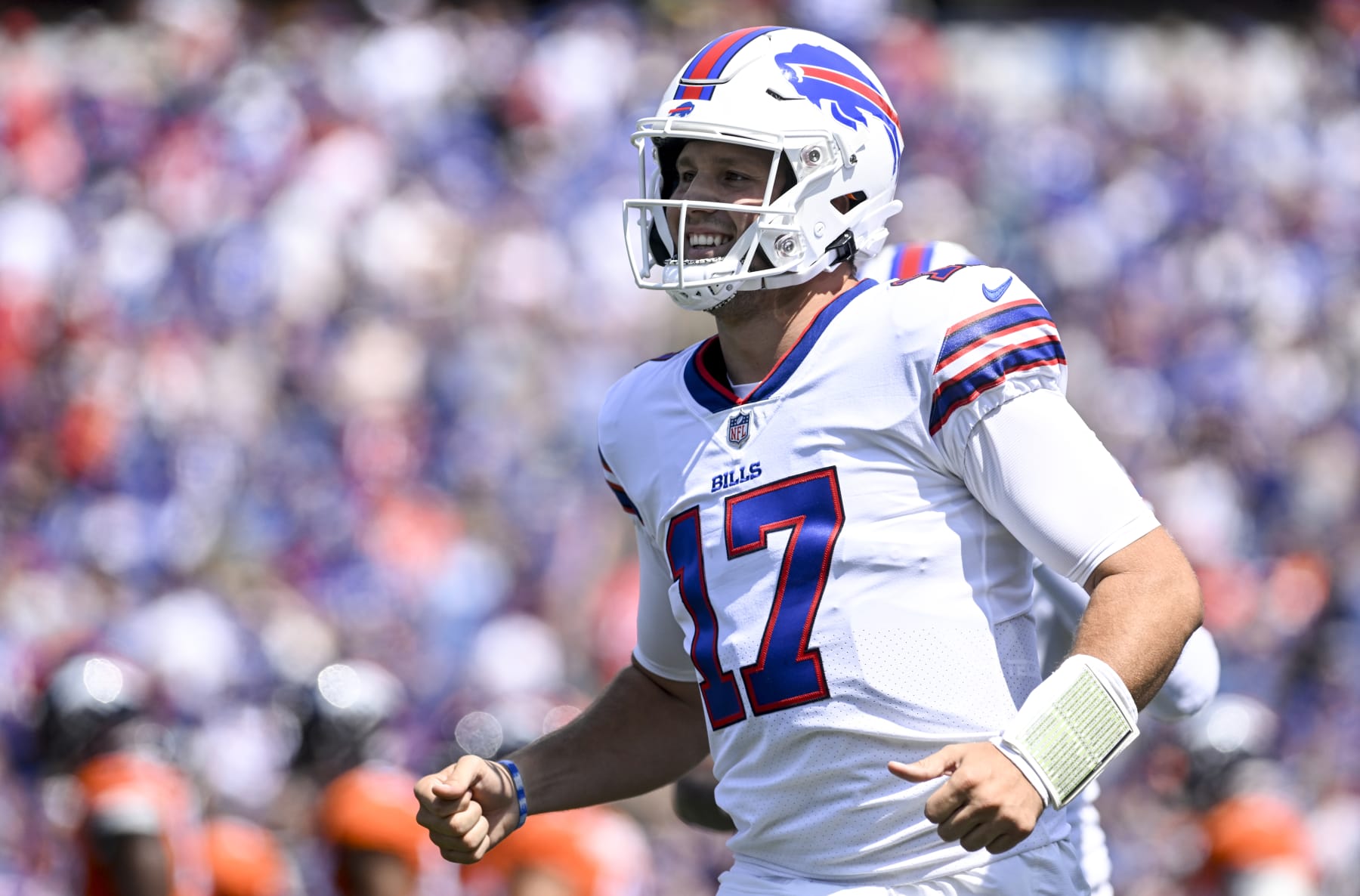 ORCHARD PARK , NY - AUGUST 20: Josh Allen (17) of the Buffalo Bills celebrates his touchdown pass to Gabriel Davis (13) against the Denver Broncos during the first half at Highmark Stadium on Saturday, August 20, 2022. (Photo by AAron Ontiveroz/MediaNews Group/The Denver Post via Getty Images)
