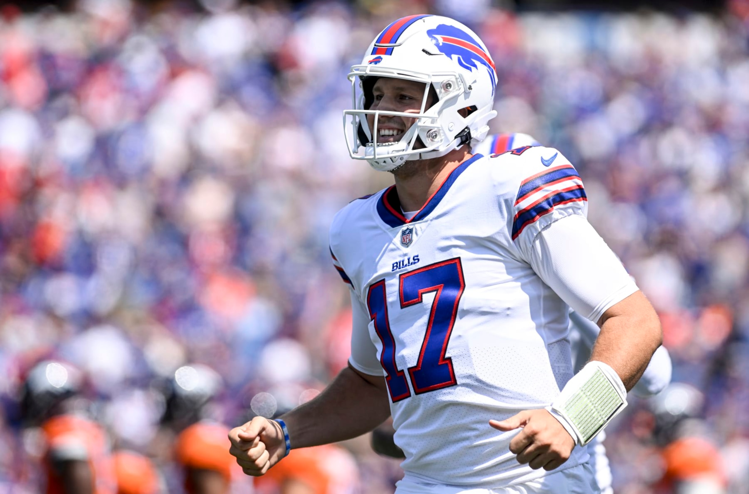 ORCHARD PARK , NY - AUGUST 20: Josh Allen (17) of the Buffalo Bills celebrates his touchdown pass to Gabriel Davis (13) against the Denver Broncos during the first half at Highmark Stadium on Saturday, August 20, 2022. (Photo by AAron Ontiveroz/MediaNews Group/The Denver Post via Getty Images)