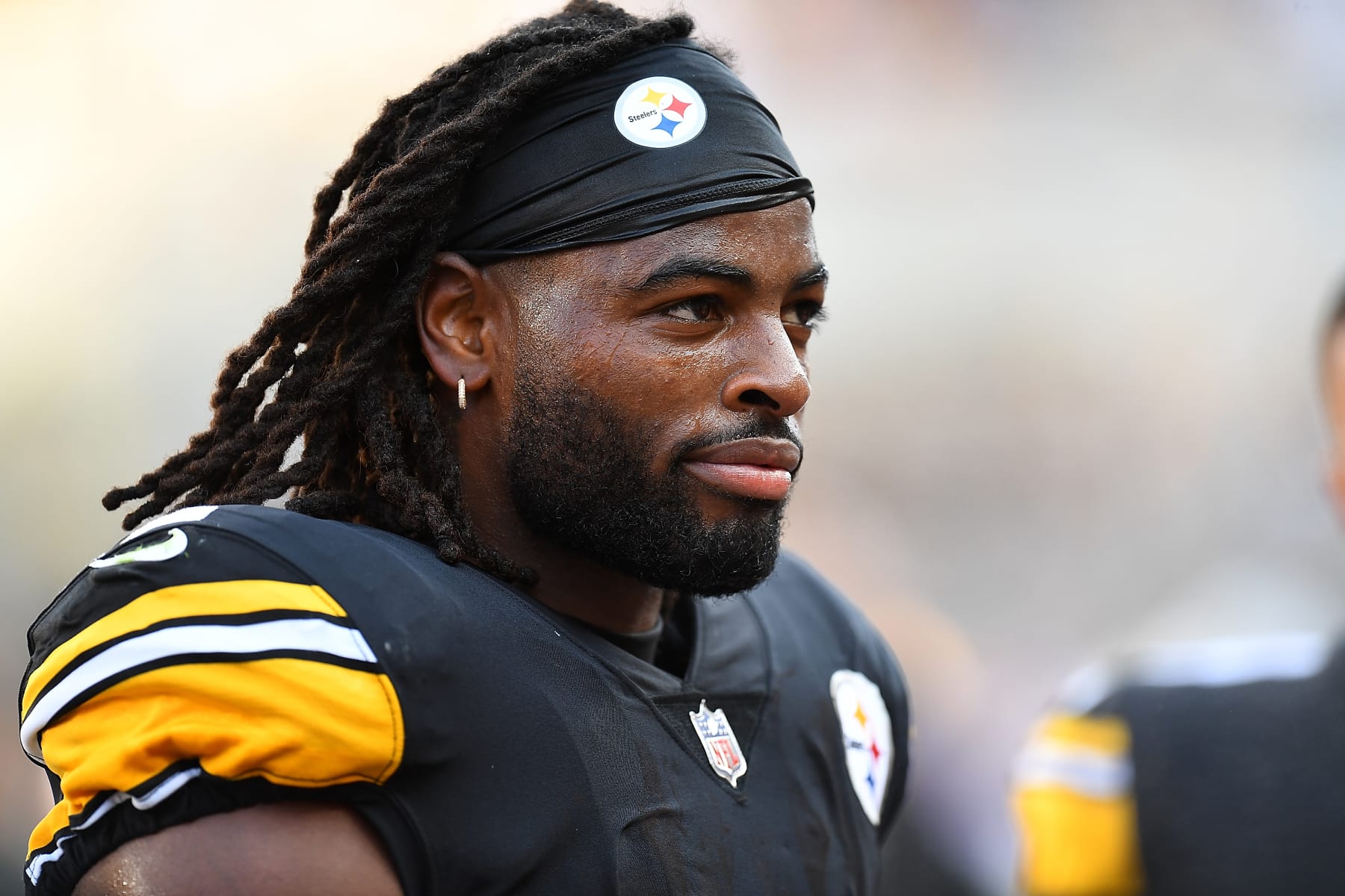 PITTSBURGH, PA - AUGUST 28:  Najee Harris #22 of the Pittsburgh Steelers looks on during the second quarter against the Detroit Lions at Acrisure Stadium on August 28, 2022 in Pittsburgh, Pennsylvania. (Photo by Joe Sargent/Getty Images)