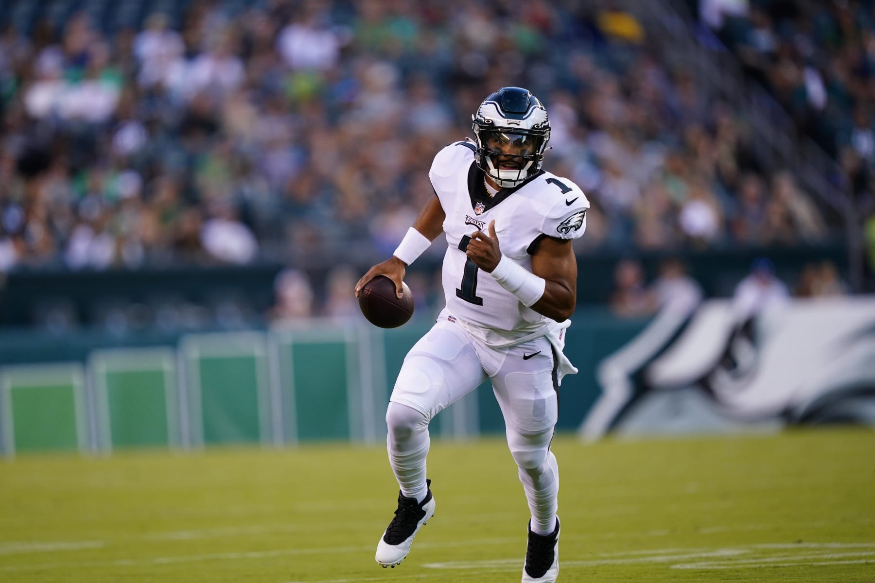 Philadelphia Eagles' Jalen Hurts in action during of a preseason NFL football game, Friday, Aug. 12, 2022, in Philadelphia. (AP Photo/Matt Rourke)