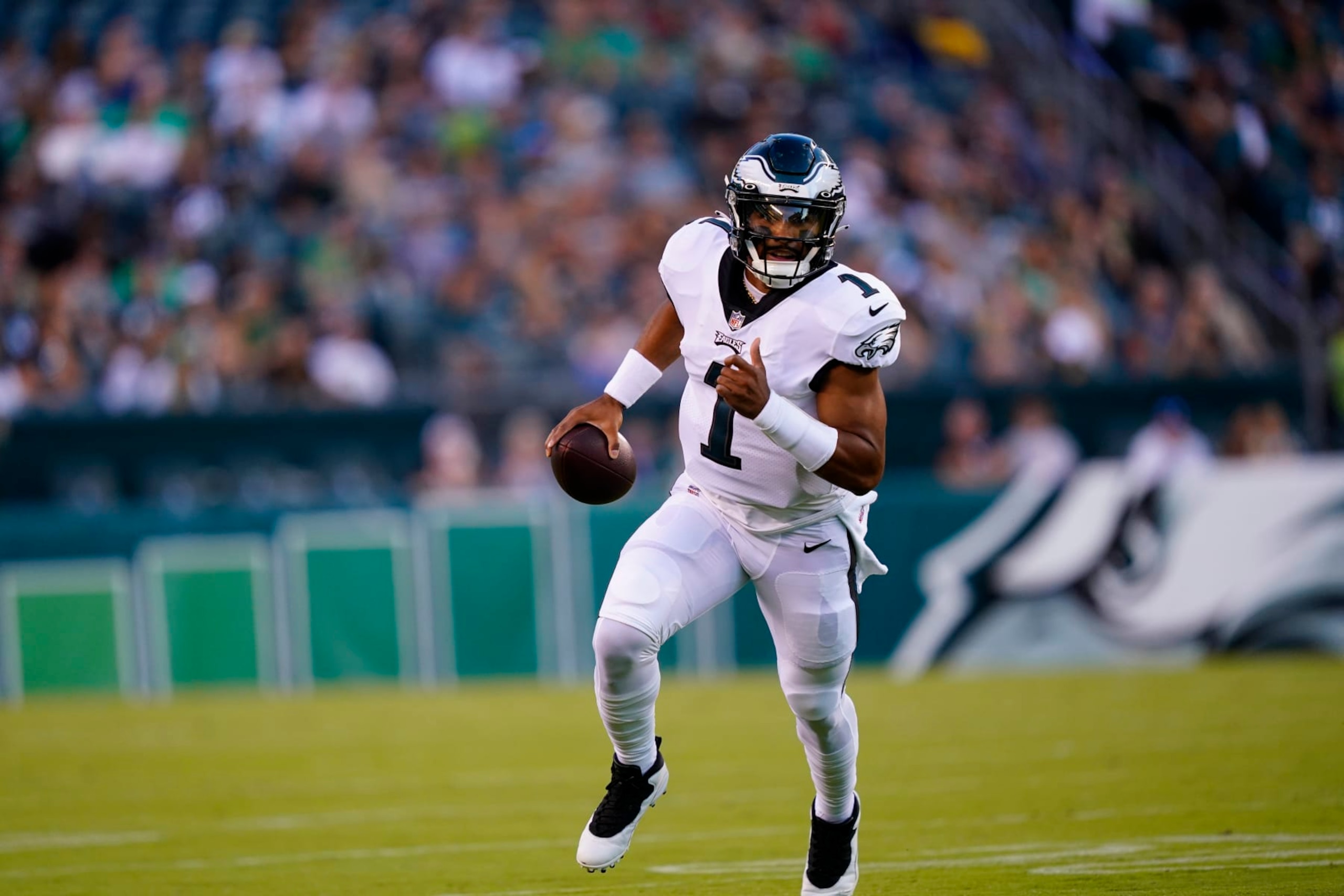 Philadelphia Eagles' Jalen Hurts in action during of a preseason NFL football game, Friday, Aug. 12, 2022, in Philadelphia. (AP Photo/Matt Rourke)