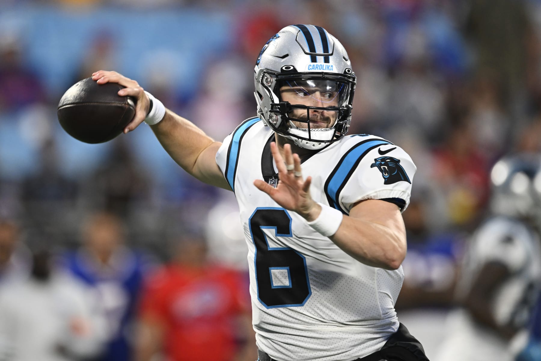 CHARLOTTE, NORTH CAROLINA - AUGUST 26: Baker Mayfield #6 of the Carolina Panthers throws a pass in the first quarter against the Buffalo Bills during a preseason game at Bank of America Stadium on August 26, 2022 in Charlotte, North Carolina. (Photo by Eakin Howard/Getty Images)