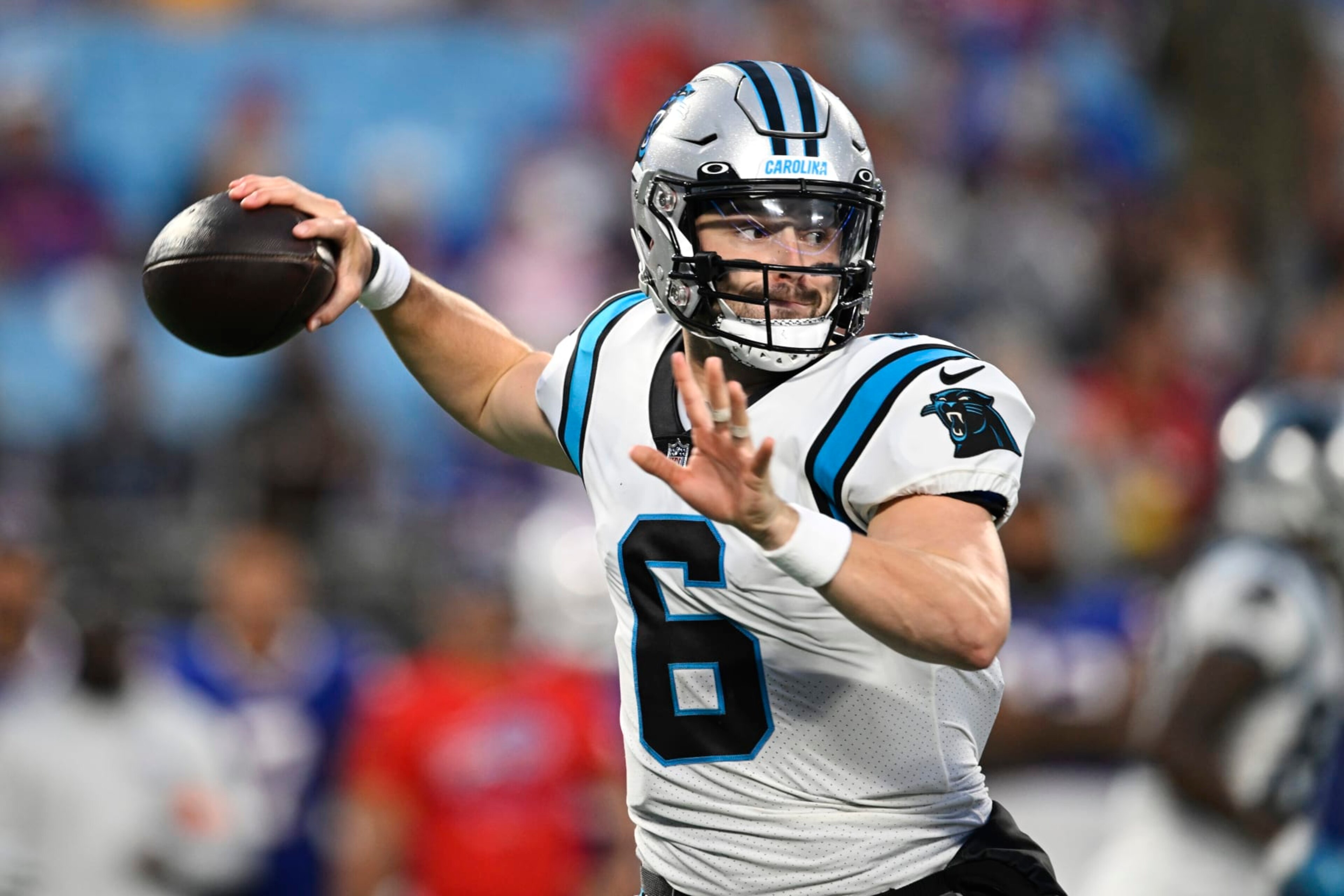 CHARLOTTE, NORTH CAROLINA - AUGUST 26: Baker Mayfield #6 of the Carolina Panthers throws a pass in the first quarter against the Buffalo Bills during a preseason game at Bank of America Stadium on August 26, 2022 in Charlotte, North Carolina. (Photo by Eakin Howard/Getty Images) CHARLOTTE, NORTH CAROLINA - AUGUST 26: Baker Mayfield #6 of the Carolina Panthers throws a pass in the first quarter against the Buffalo Bills during a preseason game at Bank of America Stadium on August 26, 2022 in Charlotte, North Carolina. (Photo by Eakin Howard/Getty Images)